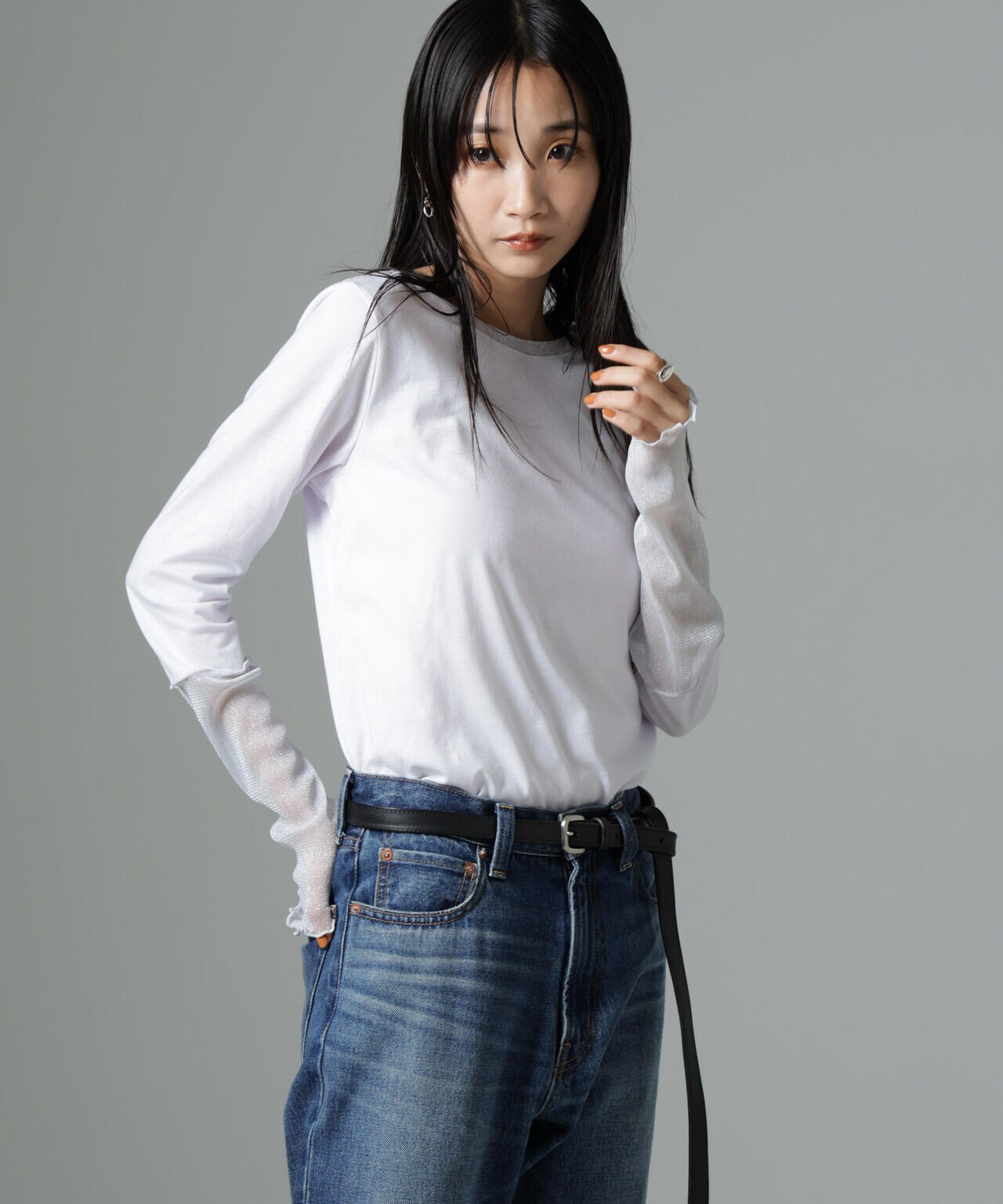シアーラメ切り替えロングTシャツ 6734223323
