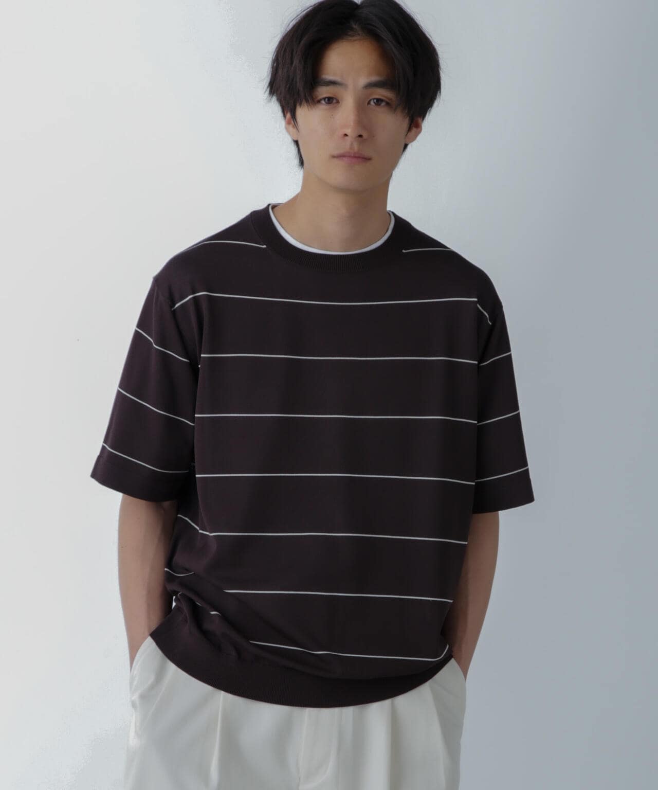 ハイゲージ ピンボーダーニットTシャツ 6684122234