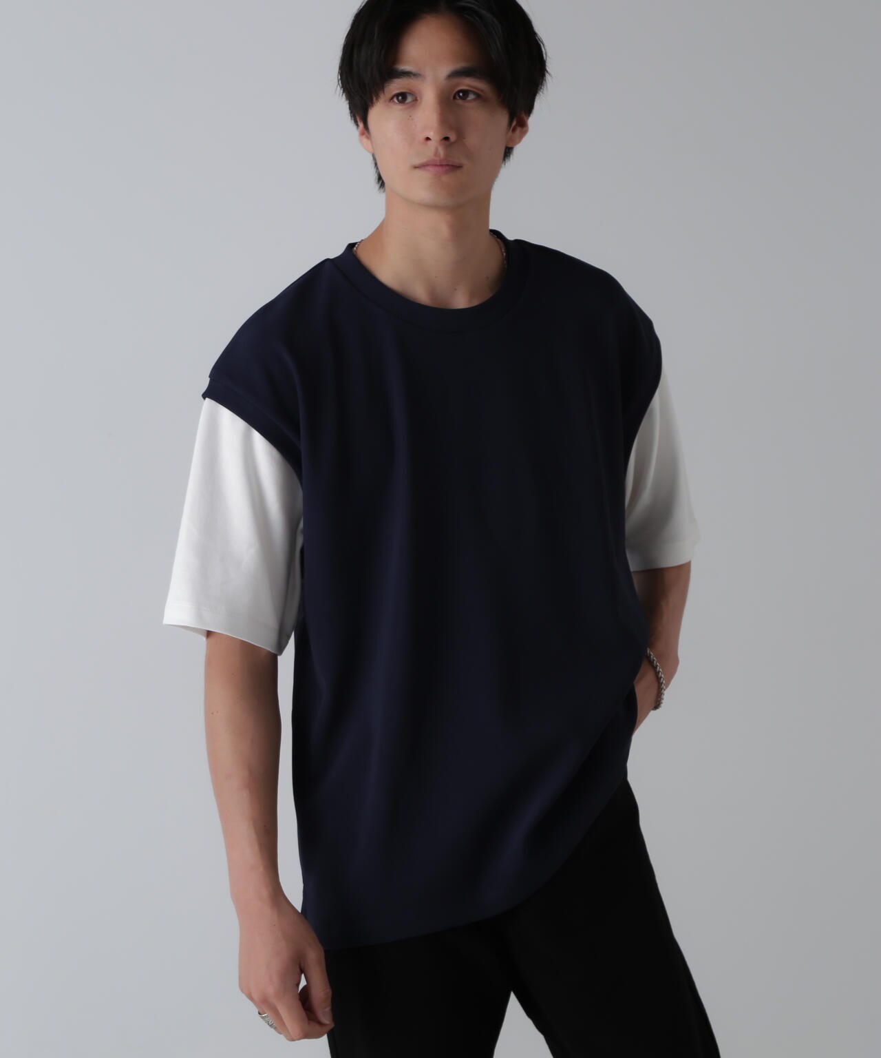 フェイクレイヤードリラックスTシャツ 半袖 6724224224