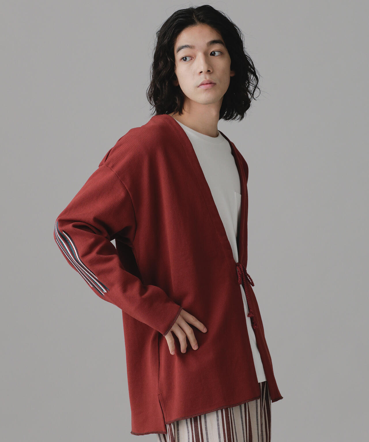 LB.03/刺繍メランジストライプ裏毛着流しカーディガン 6682223203