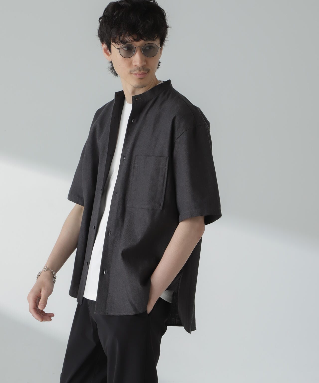 リネンコットンヘリンボーンバンドカラーシャツ 6684121212