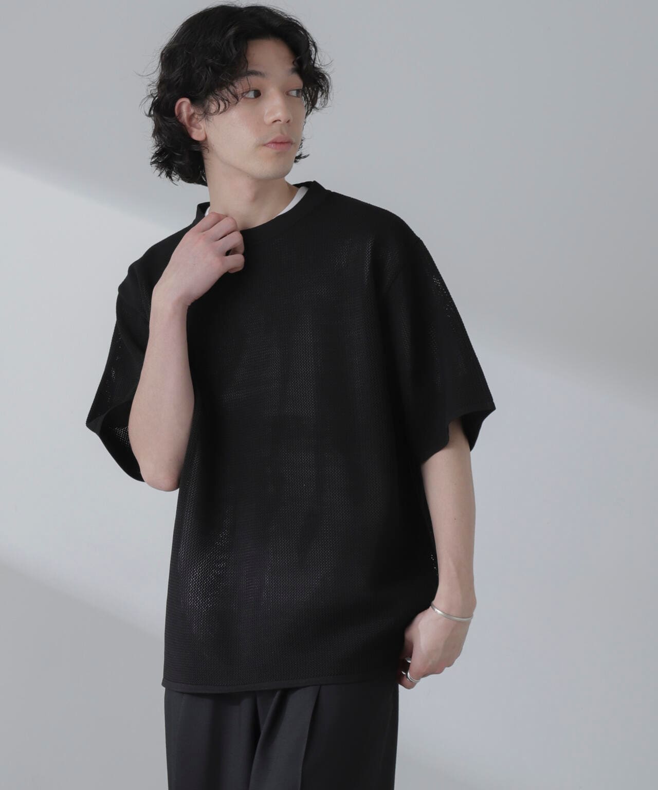 ポリメッシュリラックスクルーネックニットTシャツ 6684122230