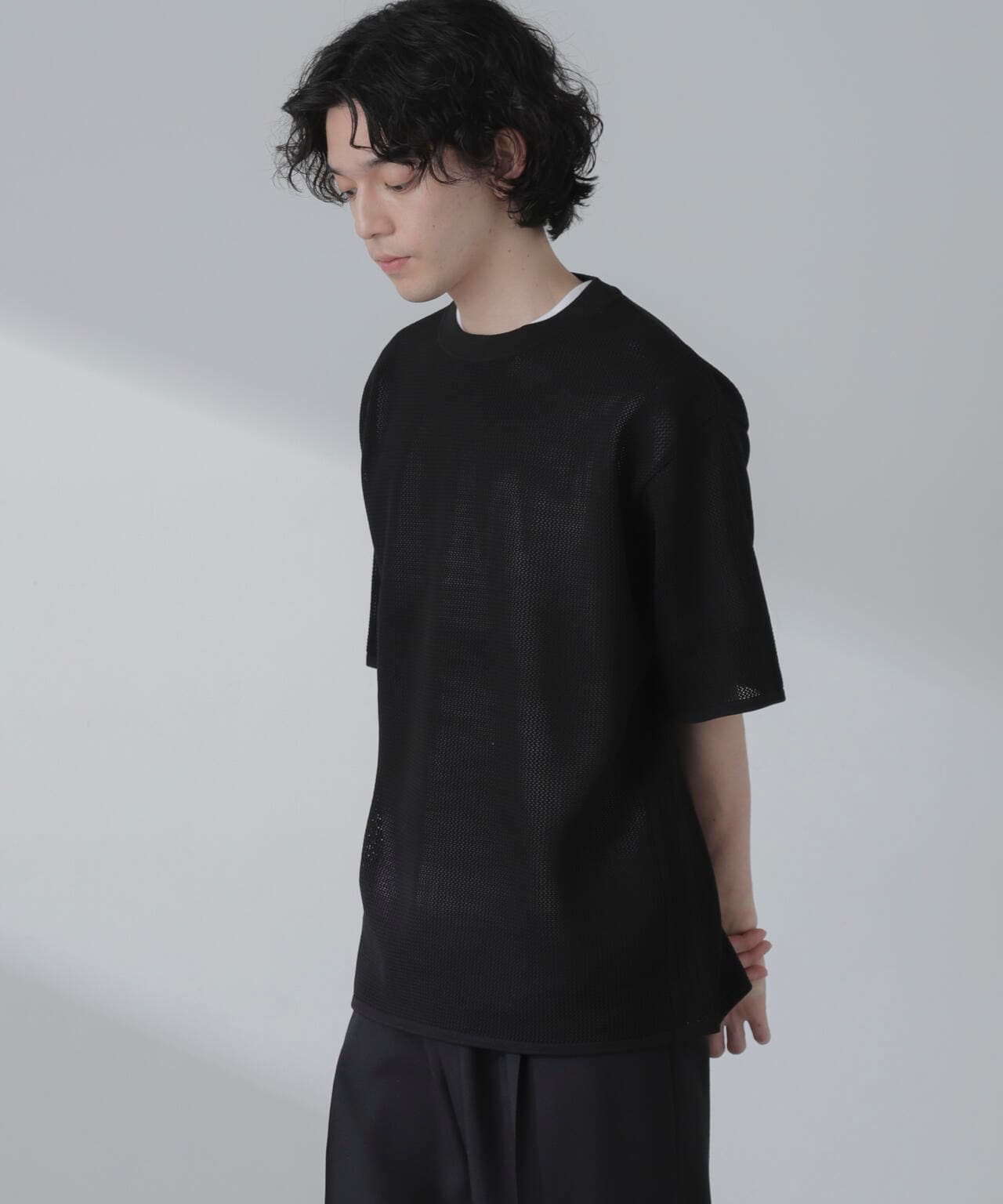 ポリメッシュリラックスクルーネックニットTシャツ 6684122230