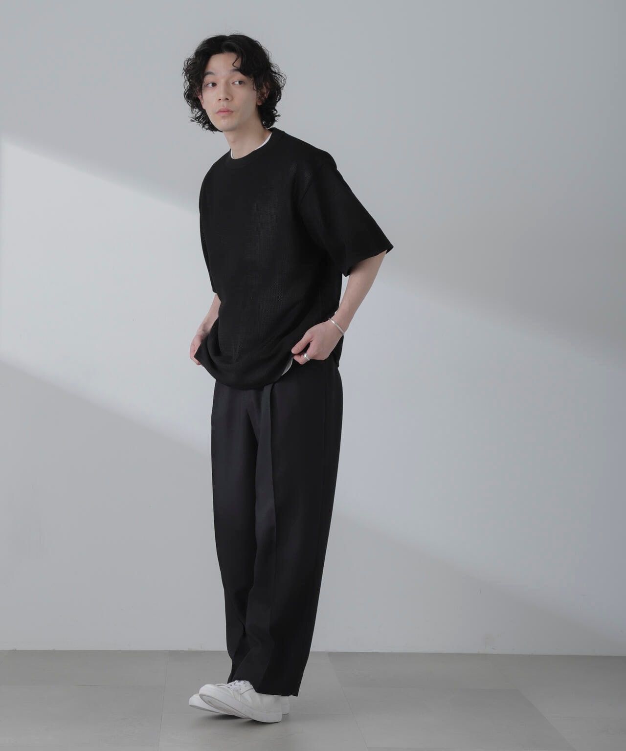 ポリメッシュリラックスクルーネックニットTシャツ 6684122230