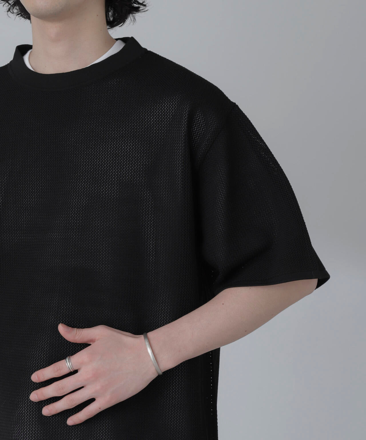 ポリメッシュリラックスクルーネックニットTシャツ 6684122230