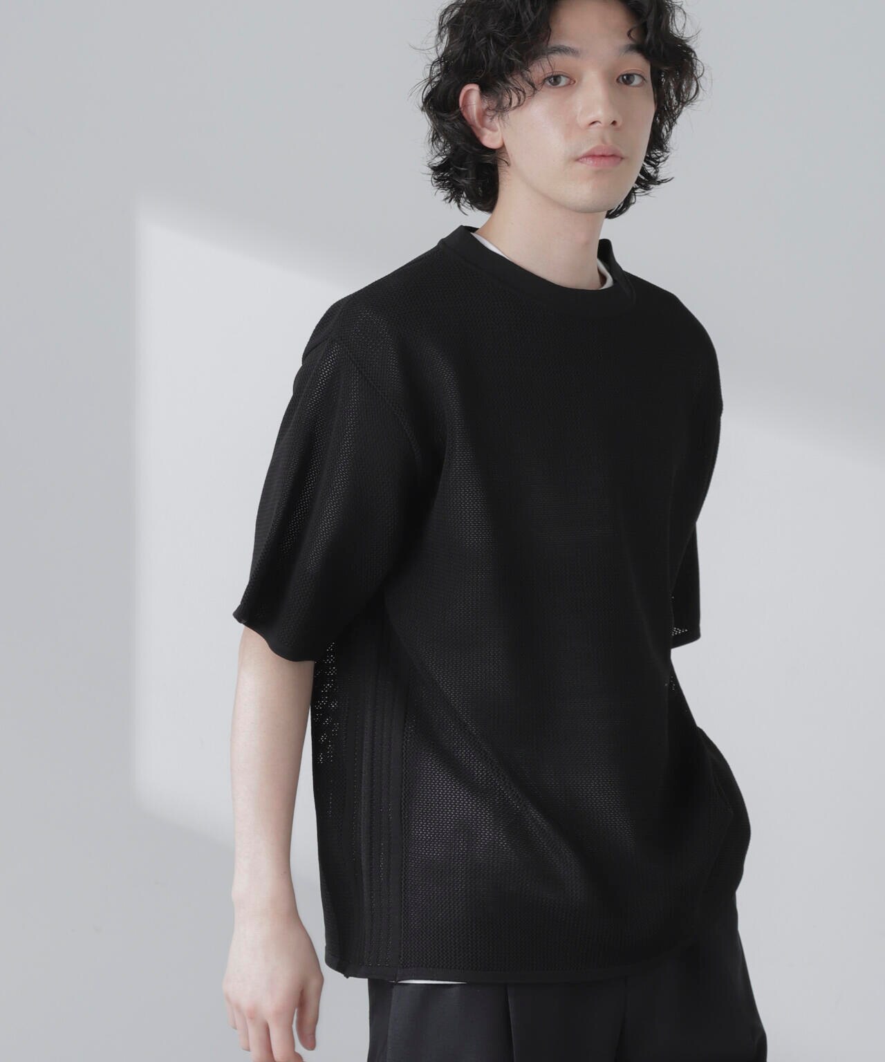 ポリメッシュリラックスクルーネックニットTシャツ 6684122230