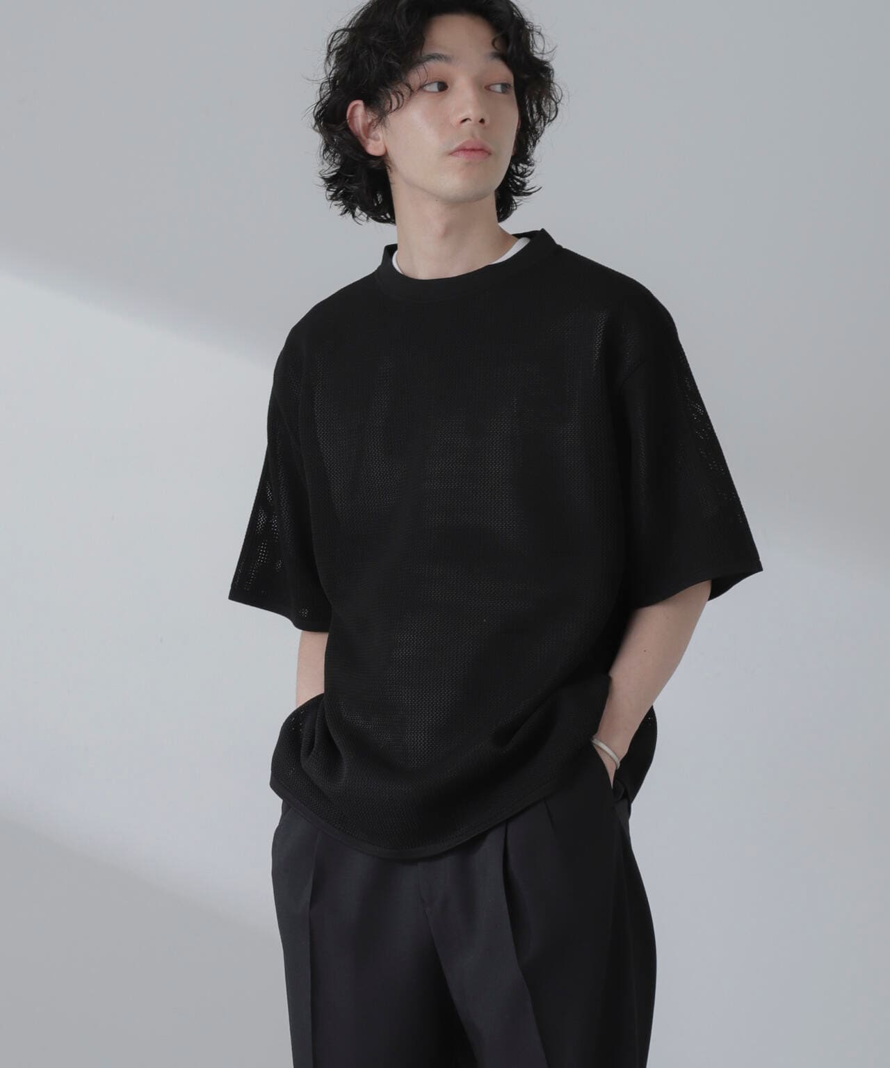 ポリメッシュリラックスクルーネックニットTシャツ 6684122230