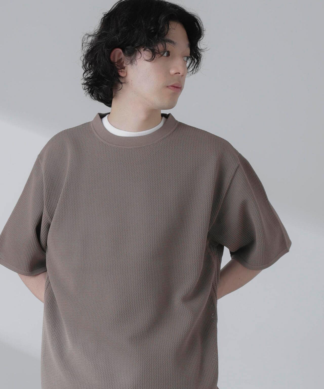 ポリメッシュリラックスクルーネックニットTシャツ 6684122230