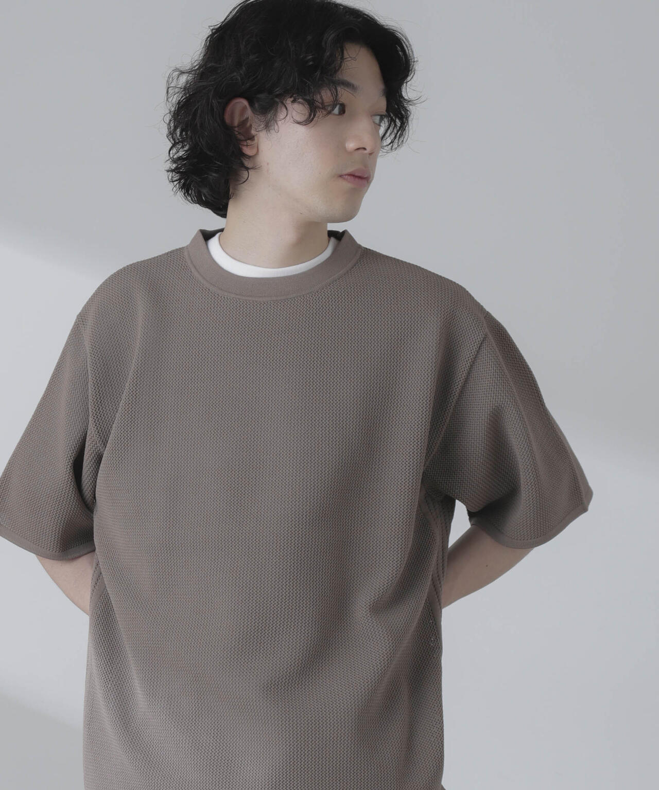 ポリメッシュリラックスクルーネックニットTシャツ 6684122230