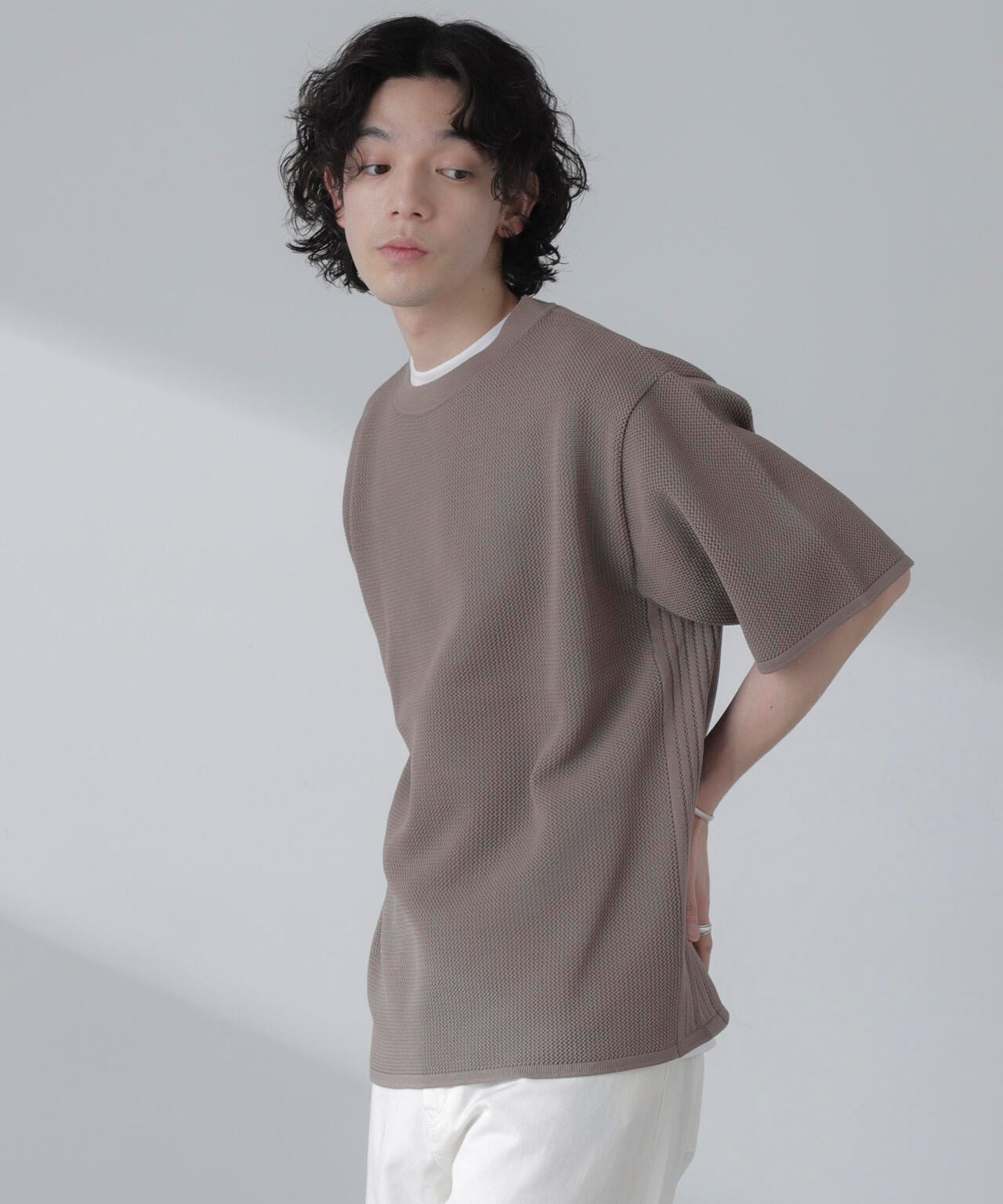 ポリメッシュリラックスクルーネックニットTシャツ 6684122230