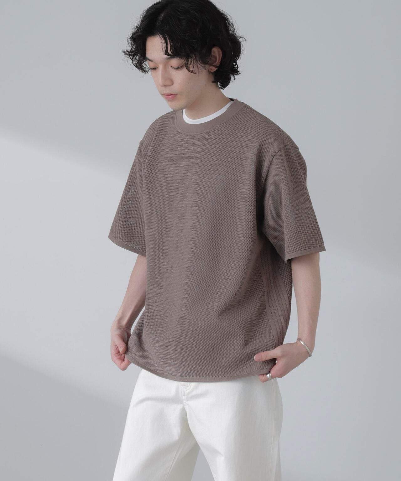 ポリメッシュリラックスクルーネックニットTシャツ 6684122230