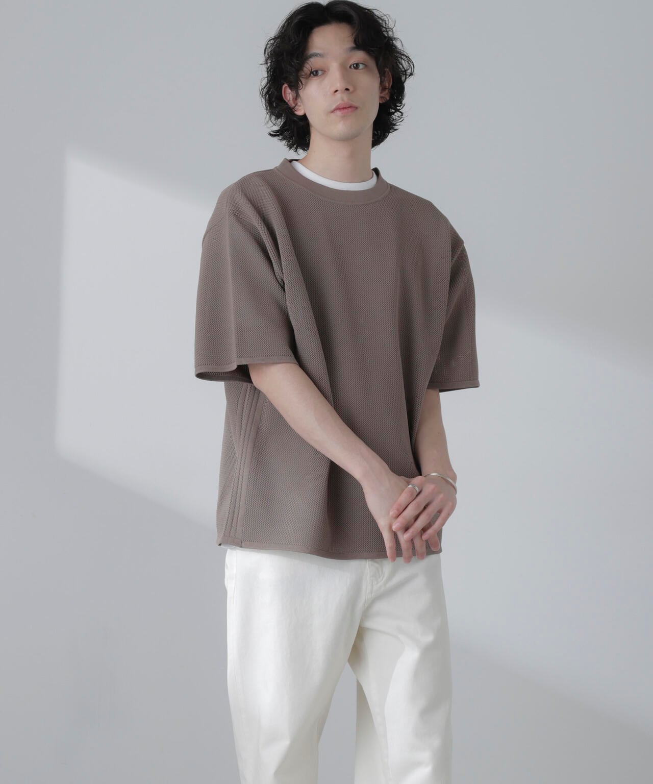 ポリメッシュリラックスクルーネックニットTシャツ 6684122230