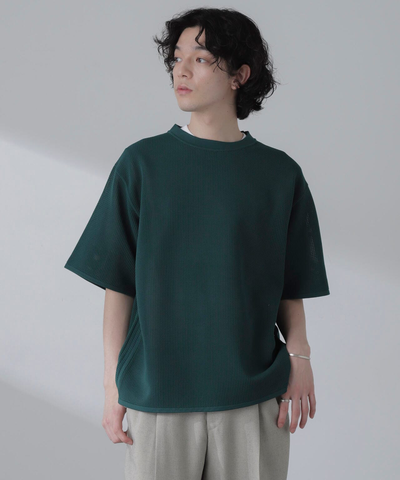 ポリメッシュリラックスクルーネックニットTシャツ 6684122230