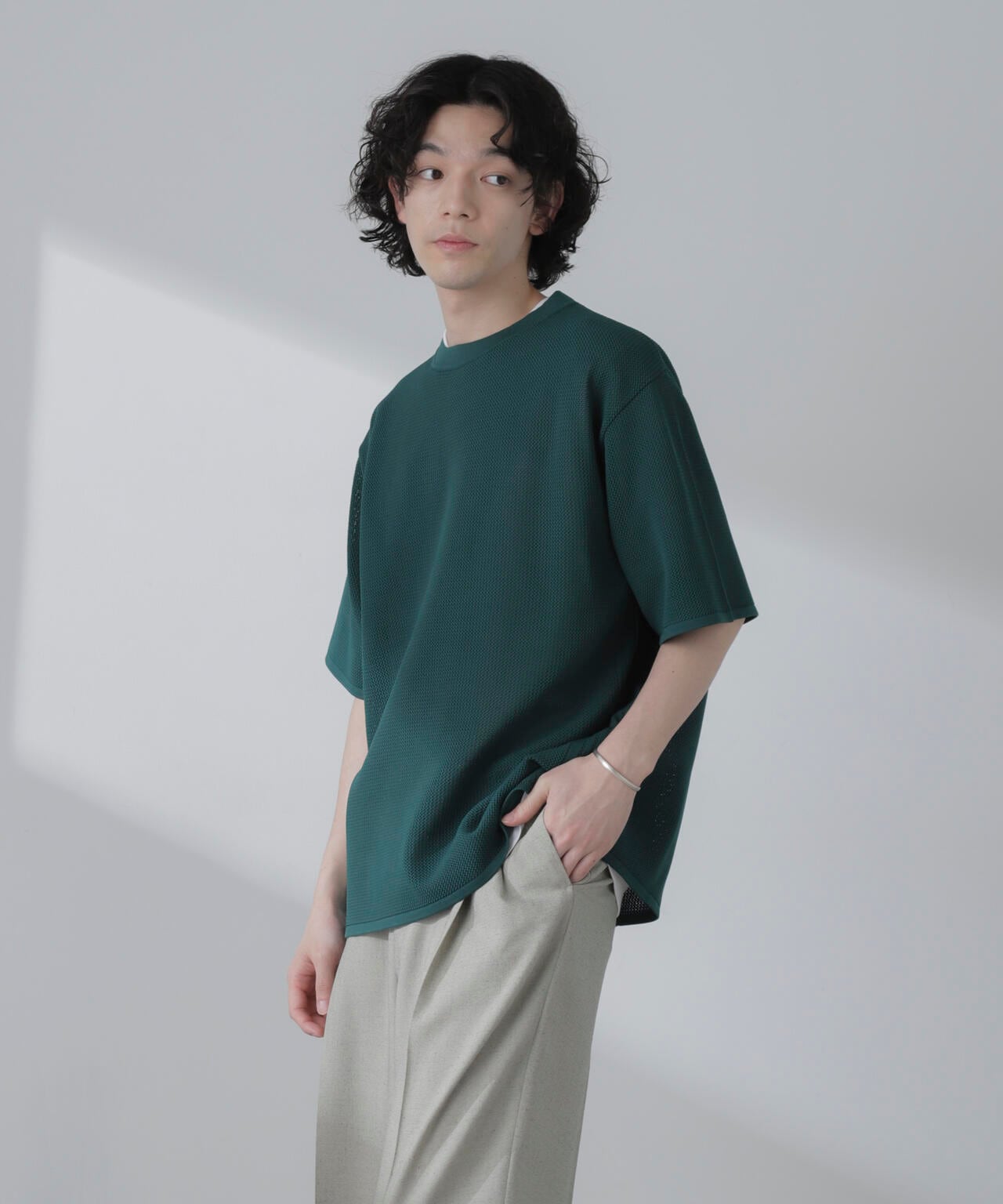 ポリメッシュリラックスクルーネックニットTシャツ 6684122230