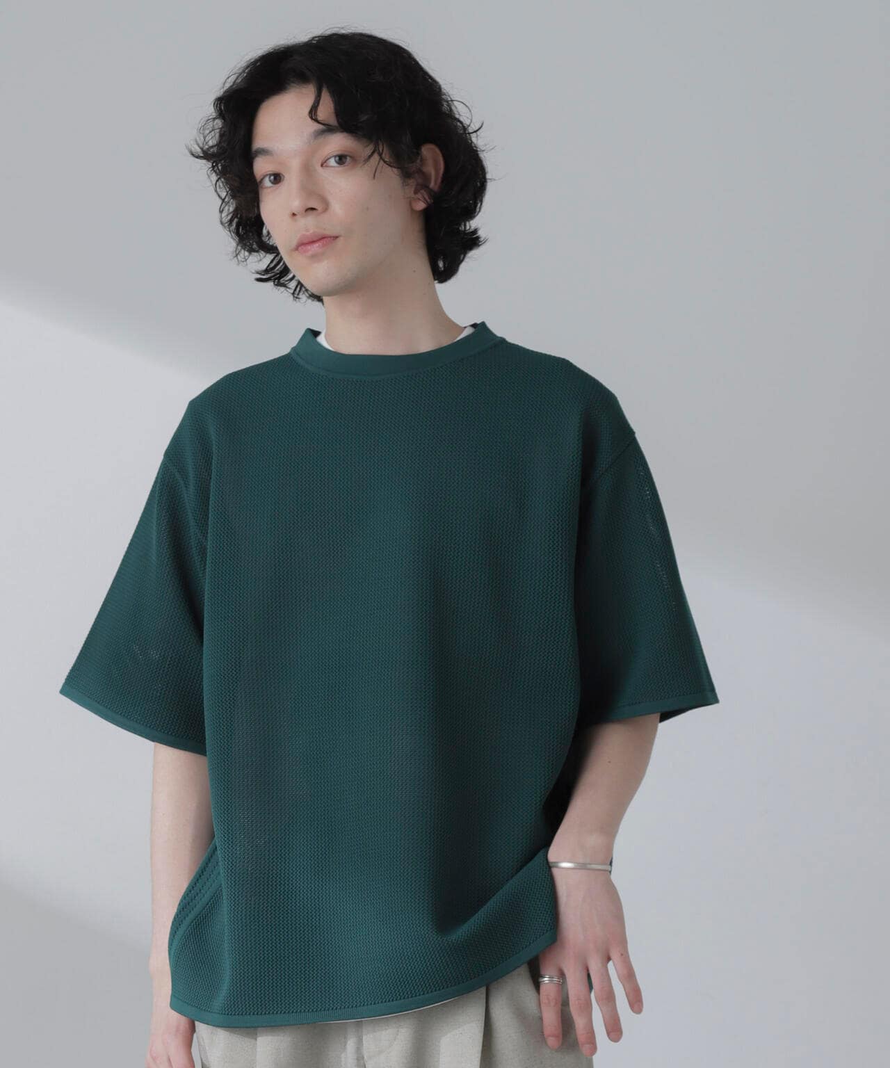 ポリメッシュリラックスクルーネックニットTシャツ 6684122230