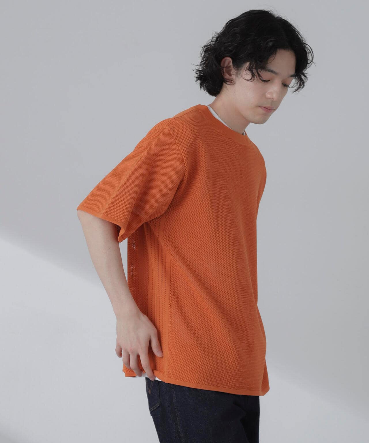 ポリメッシュリラックスクルーネックニットTシャツ 6684122230