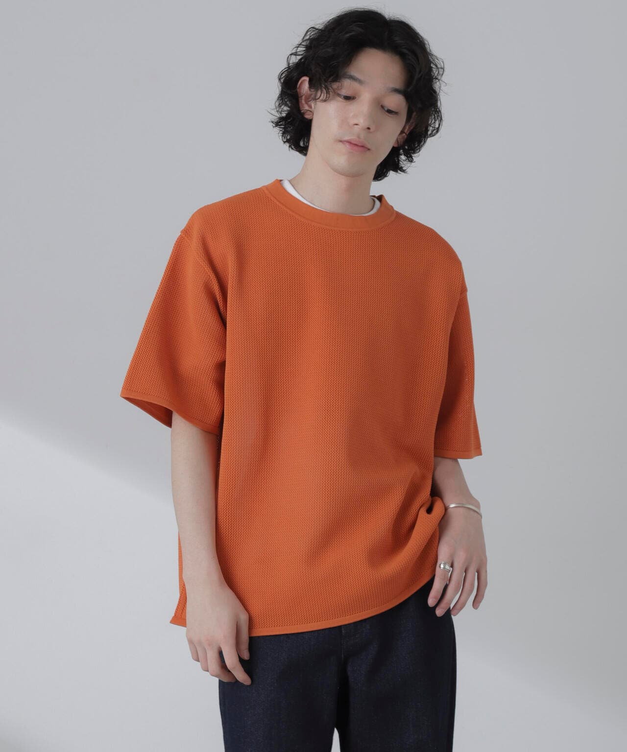 ポリメッシュリラックスクルーネックニットTシャツ 6684122230