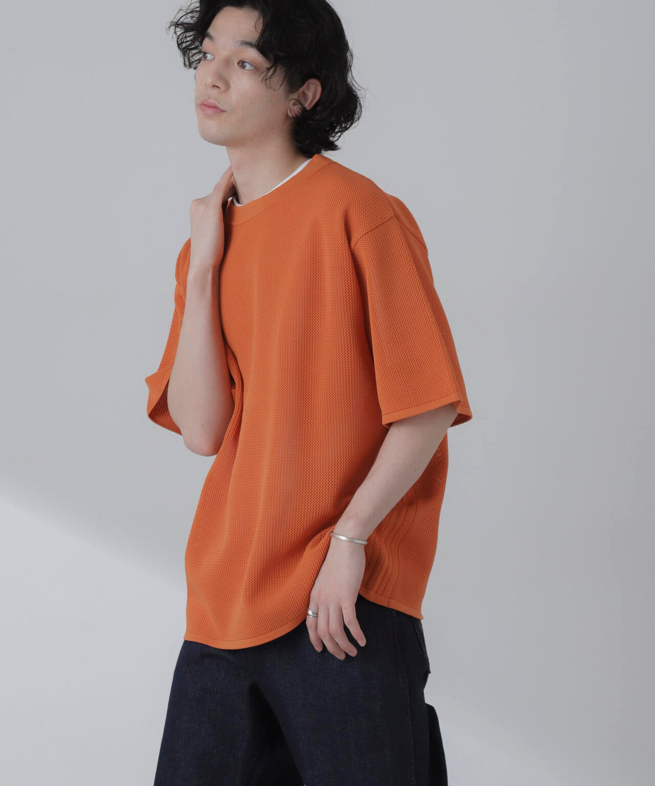 ポリメッシュリラックスクルーネックニットTシャツ 6684122230