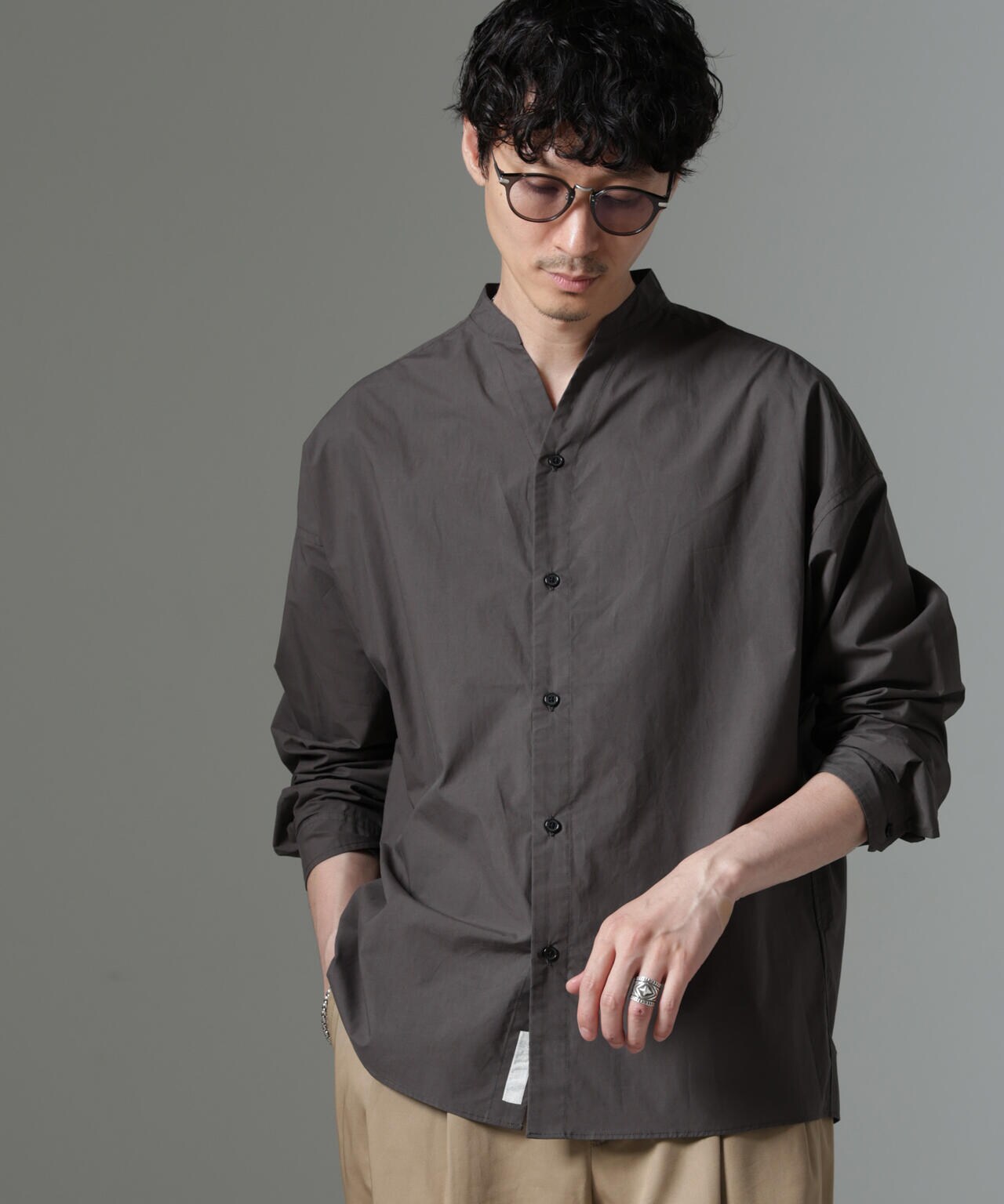 「大人のワイドシャツ」バンドカラー 長袖 6684220213