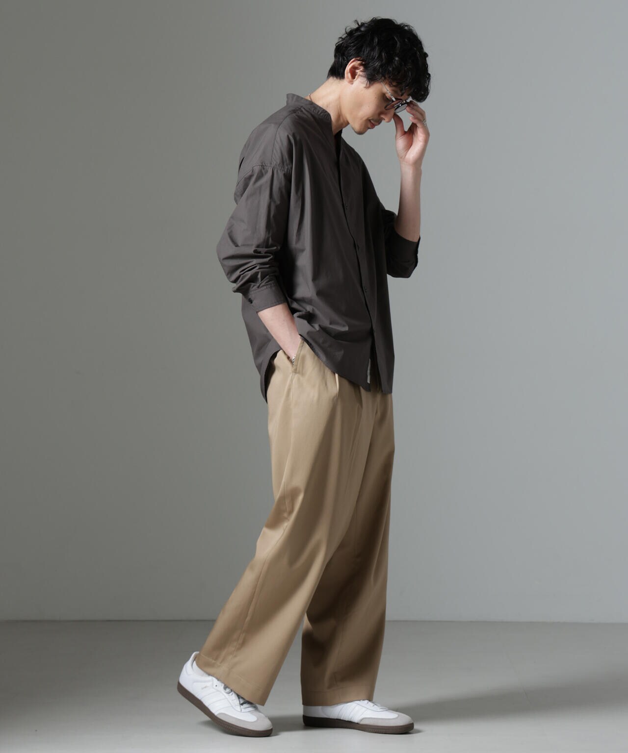 「大人のワイドシャツ」バンドカラー 長袖 6684220213