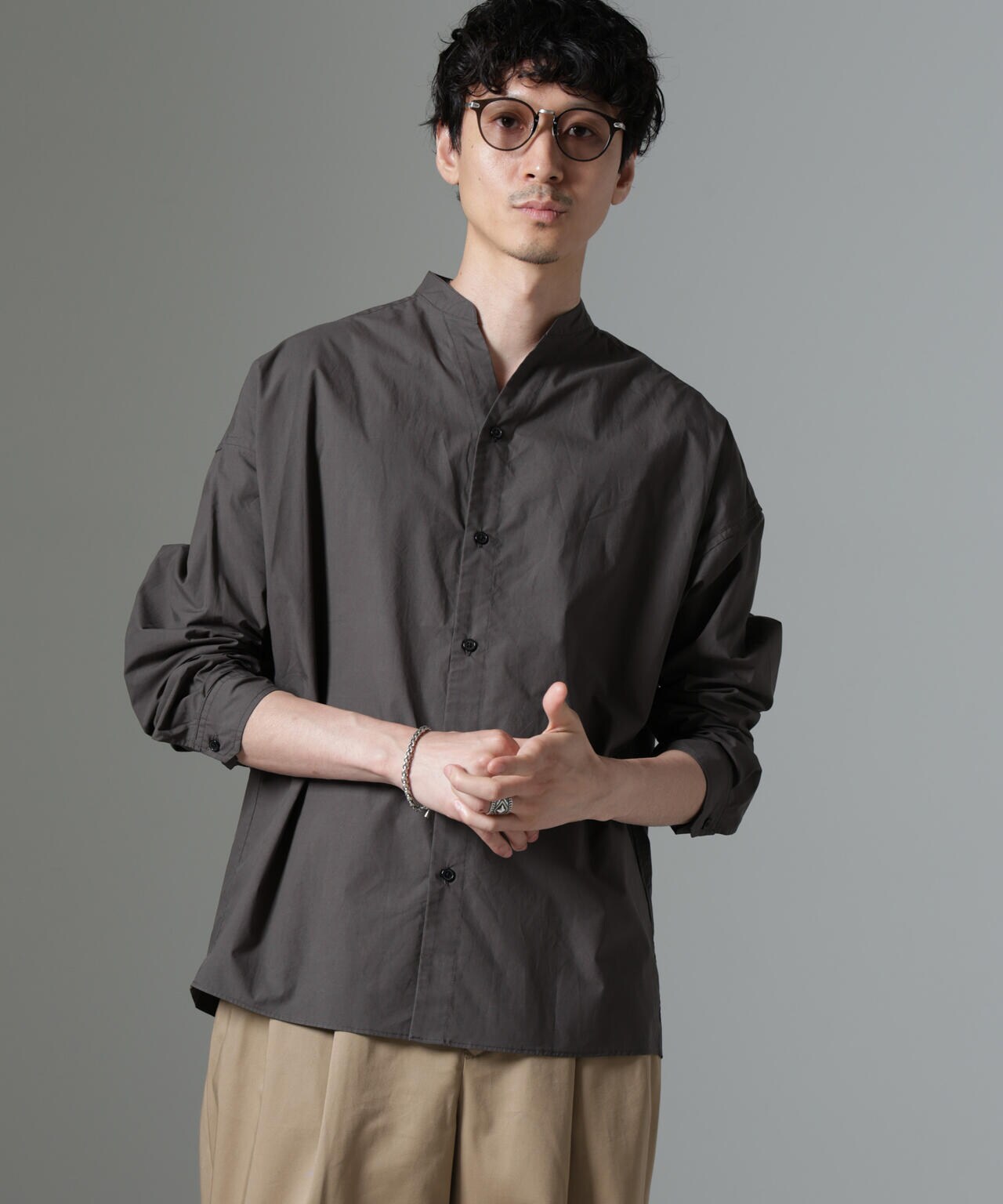 「大人のワイドシャツ」バンドカラー 長袖 6684220213