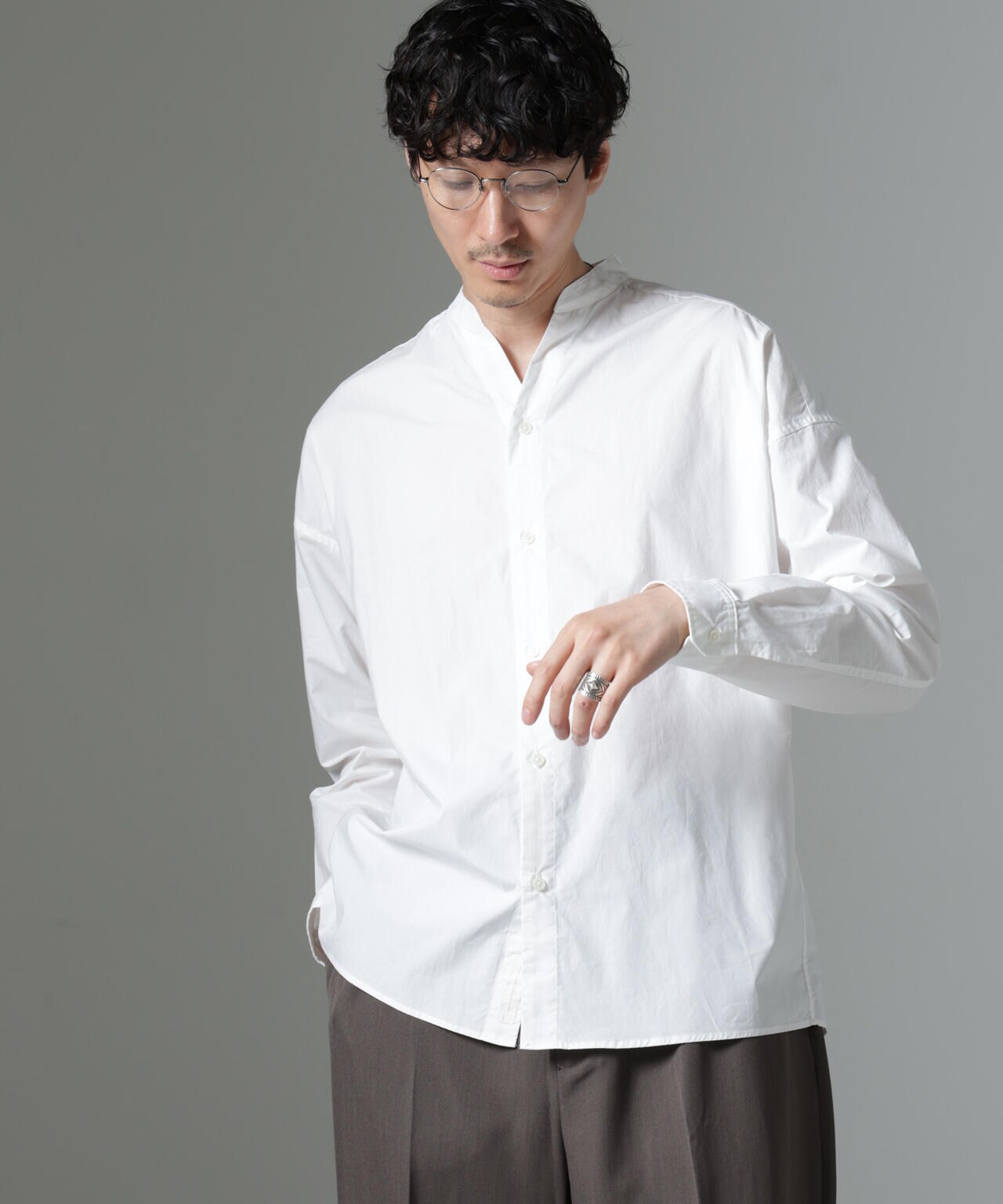 「大人のワイドシャツ」バンドカラー 長袖 6684220213
