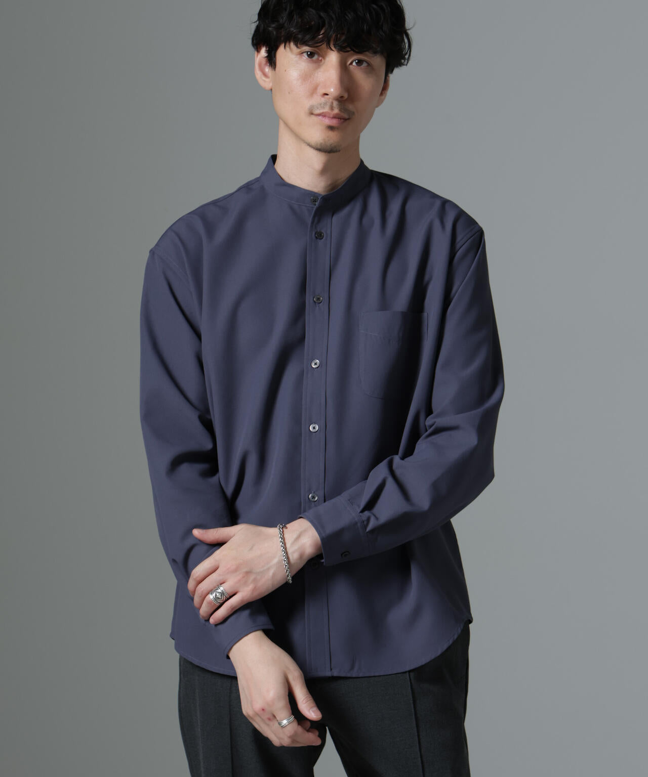 AMATA コットンタッチバンドカラーシャツ 6684220219