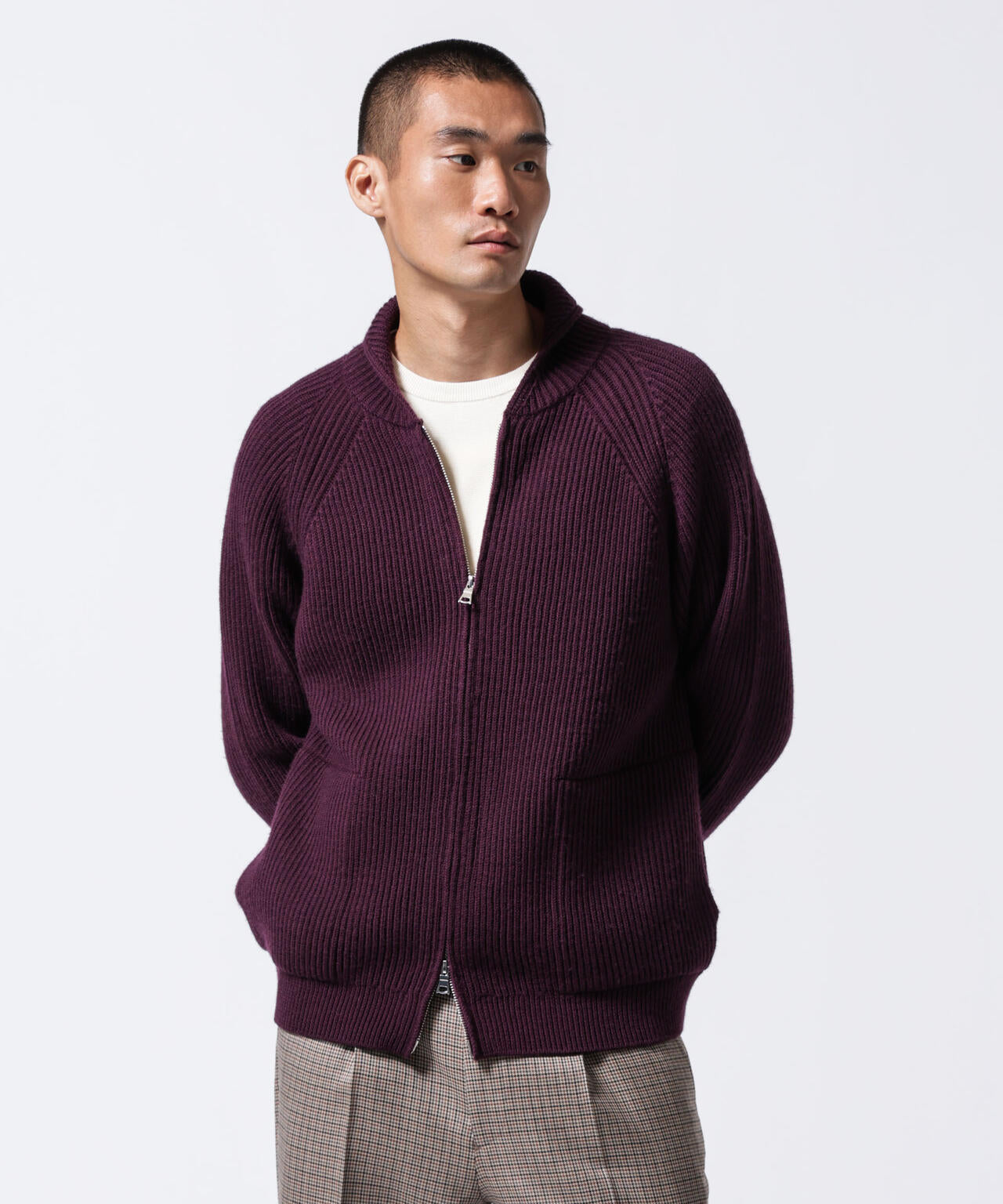 「ASSEMBLANC」フレンチウールスカーフカラージップニット 6684222233