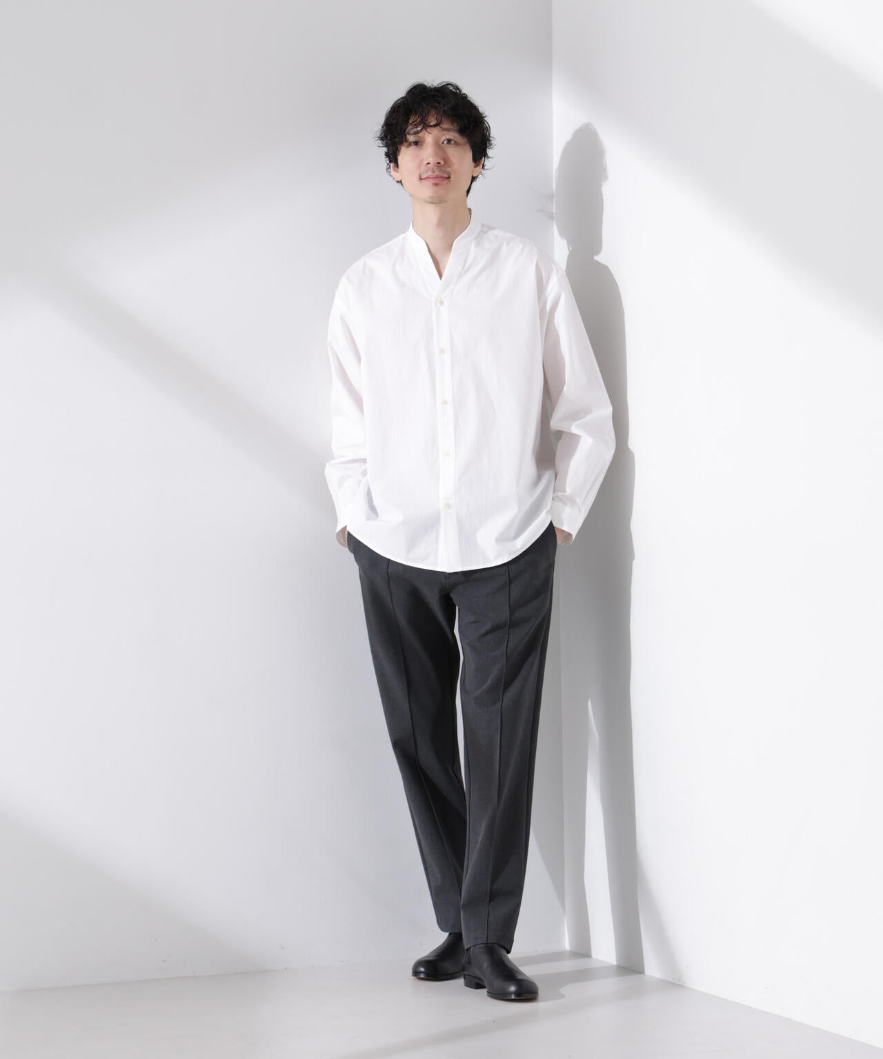 「大人のワイドシャツ」バンドカラー 長袖 6685120205