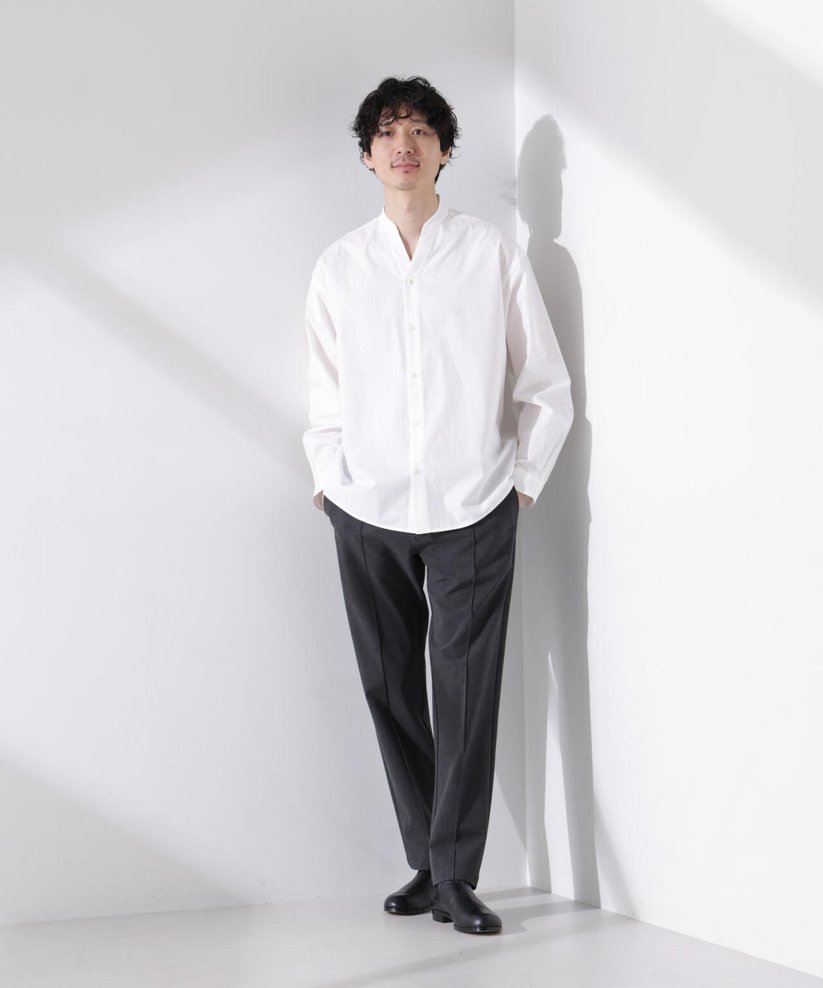 「大人のワイドシャツ」バンドカラー 長袖 6685120205