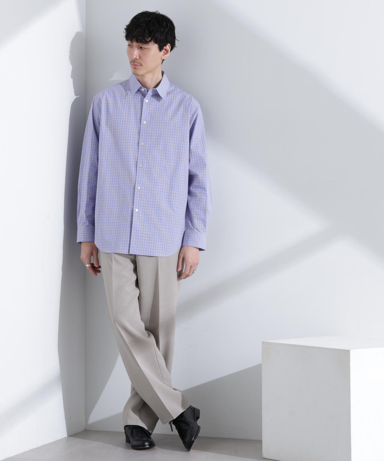 タイプライターチェックステンカラーシャツ 長袖 6685120209