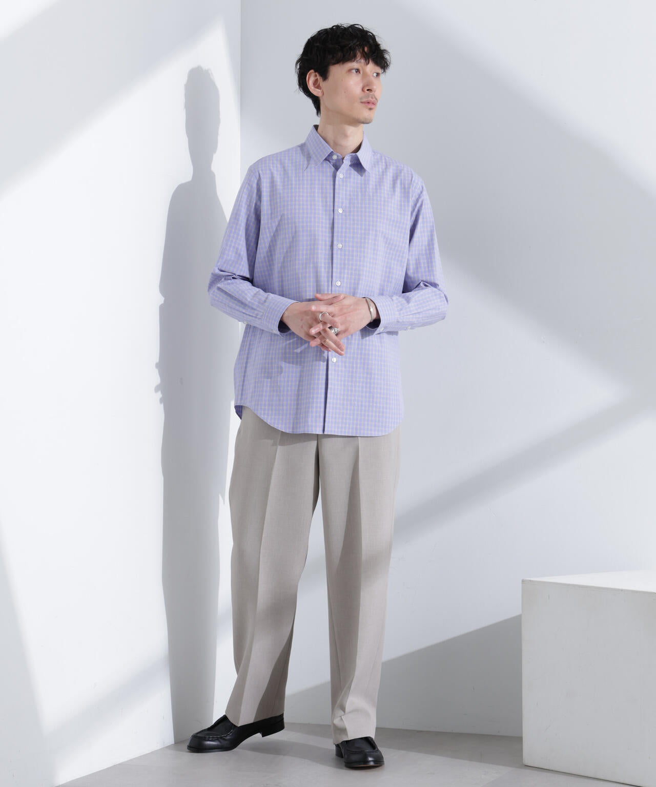 タイプライターチェックステンカラーシャツ 長袖 6685120209