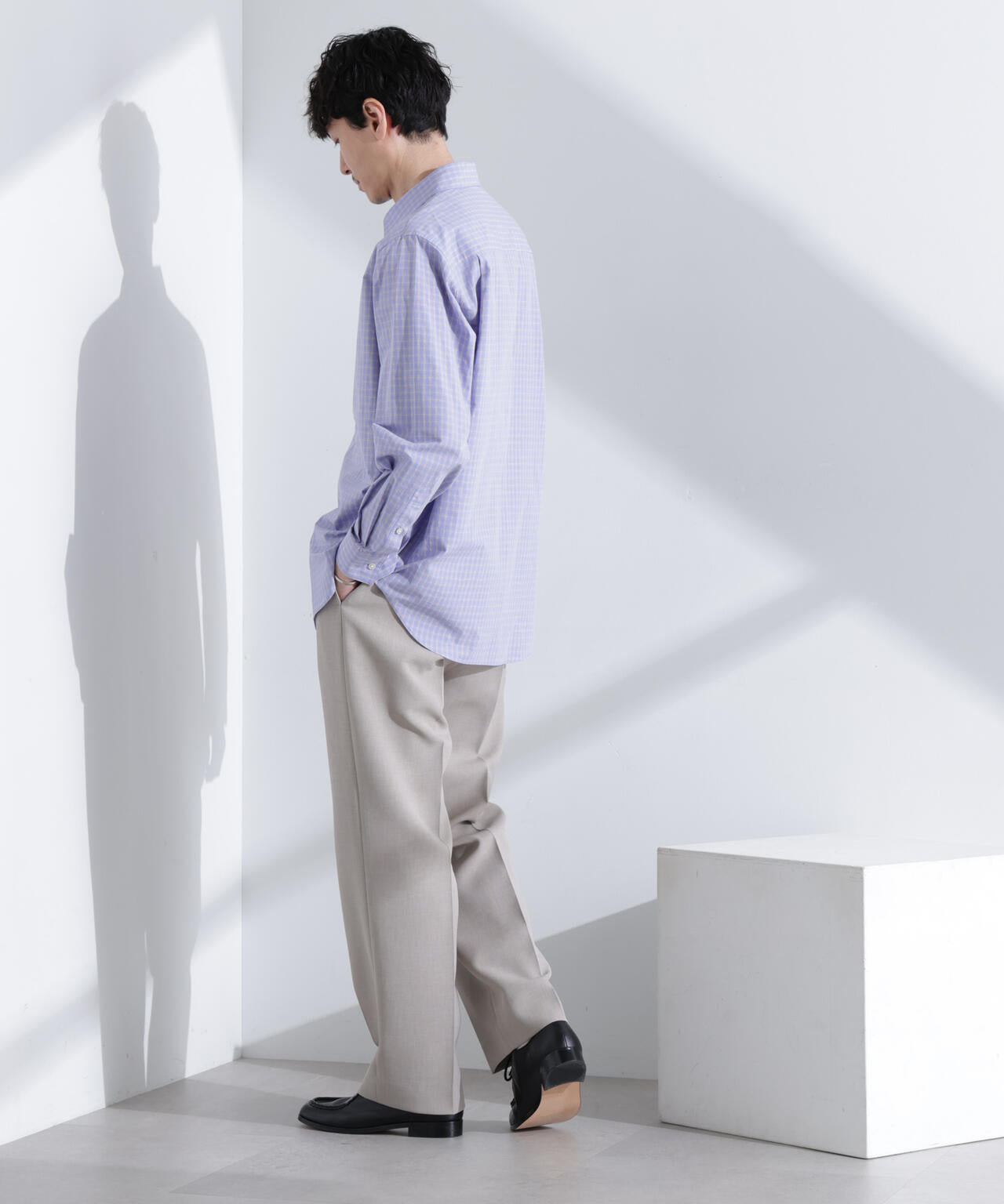 タイプライターチェックステンカラーシャツ 長袖 6685120209