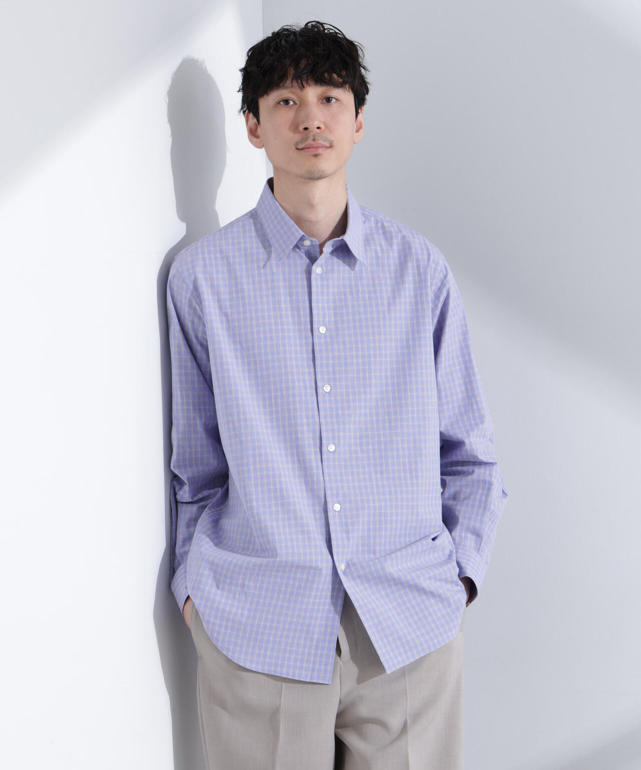 タイプライターチェックステンカラーシャツ 長袖 6685120209