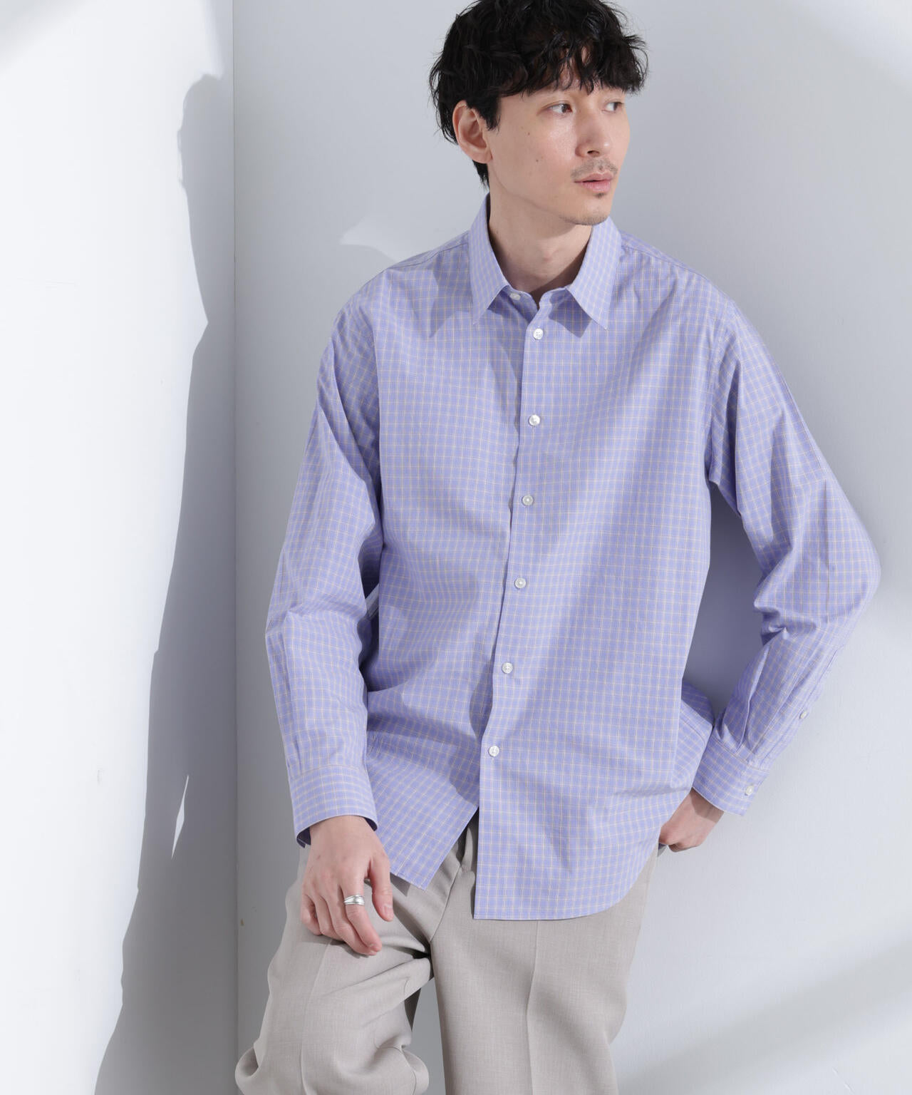 タイプライターチェックステンカラーシャツ 長袖 6685120209