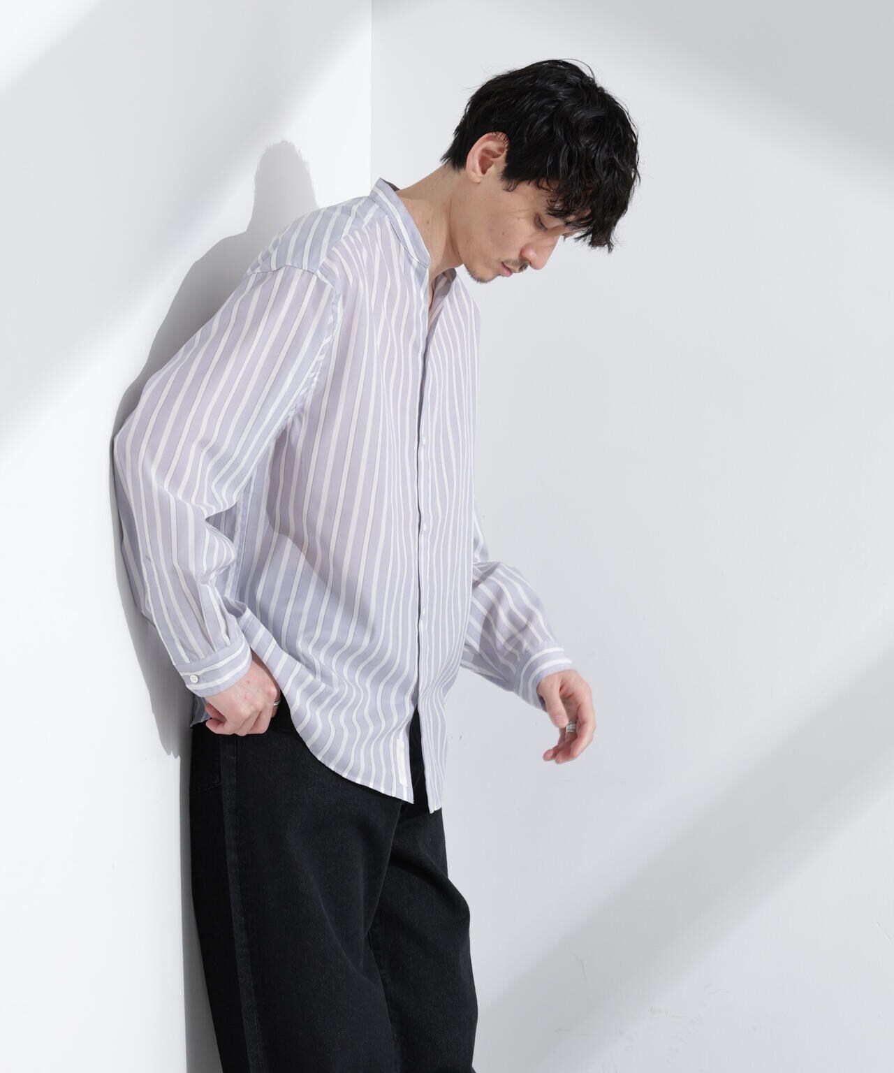 「大人のワイドシャツ」バンドカラー ストライプ 長袖 6685120216