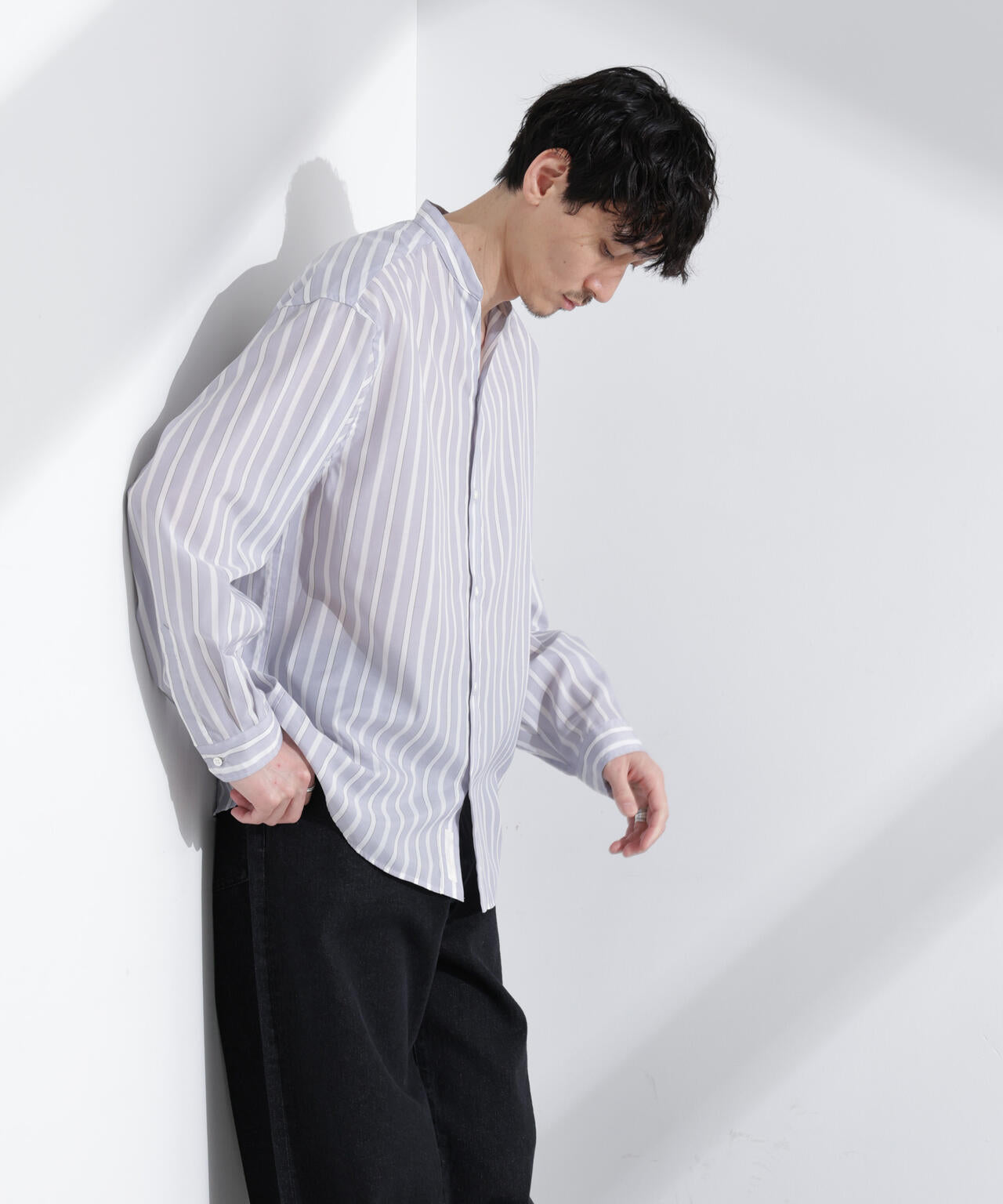 「大人のワイドシャツ」バンドカラー ストライプ 長袖 6685120216