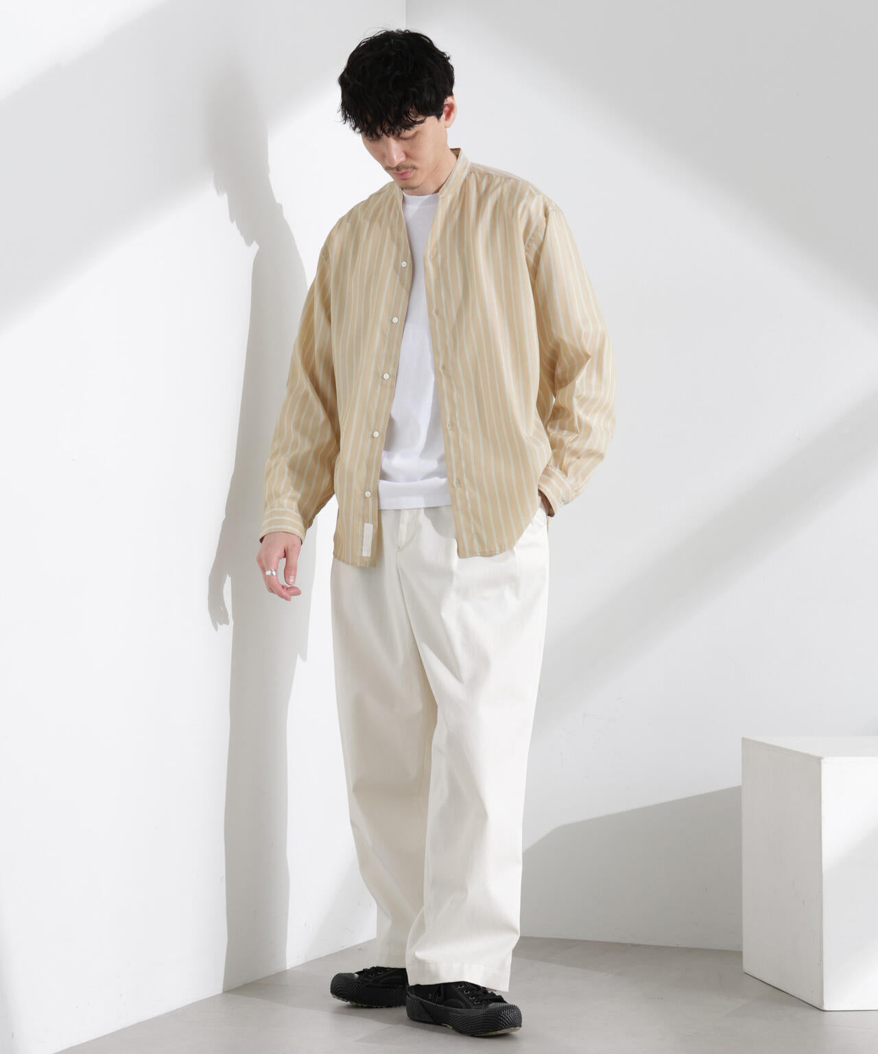 「大人のワイドシャツ」バンドカラー ストライプ 長袖 6685120216