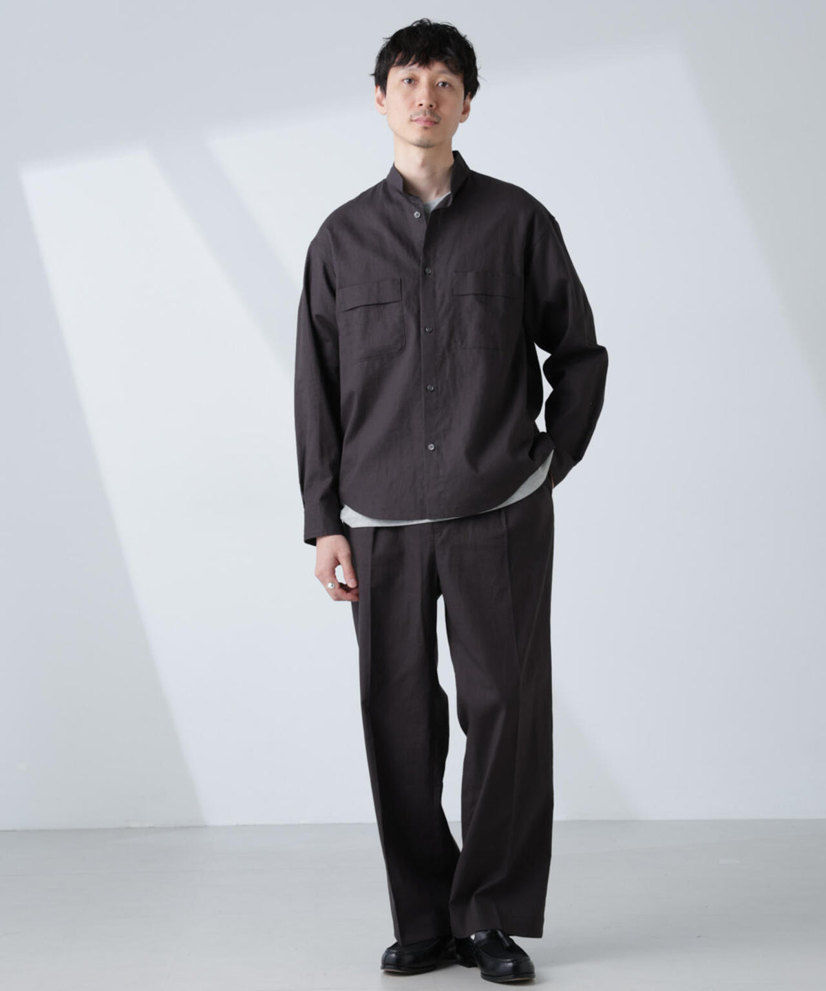 「BELGIUM LINEN FABRICS」リネンコットンスタンドカラーシャツ 6685120219