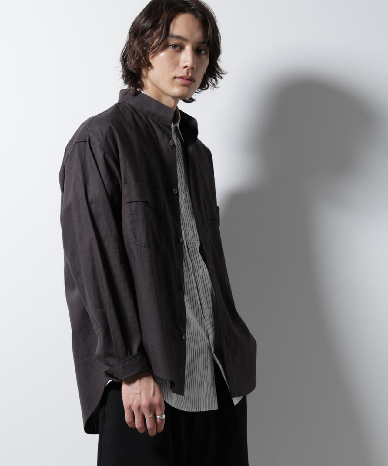 「BELGIUM LINEN FABRICS」リネンコットンスタンドカラーシャツ 6685120219