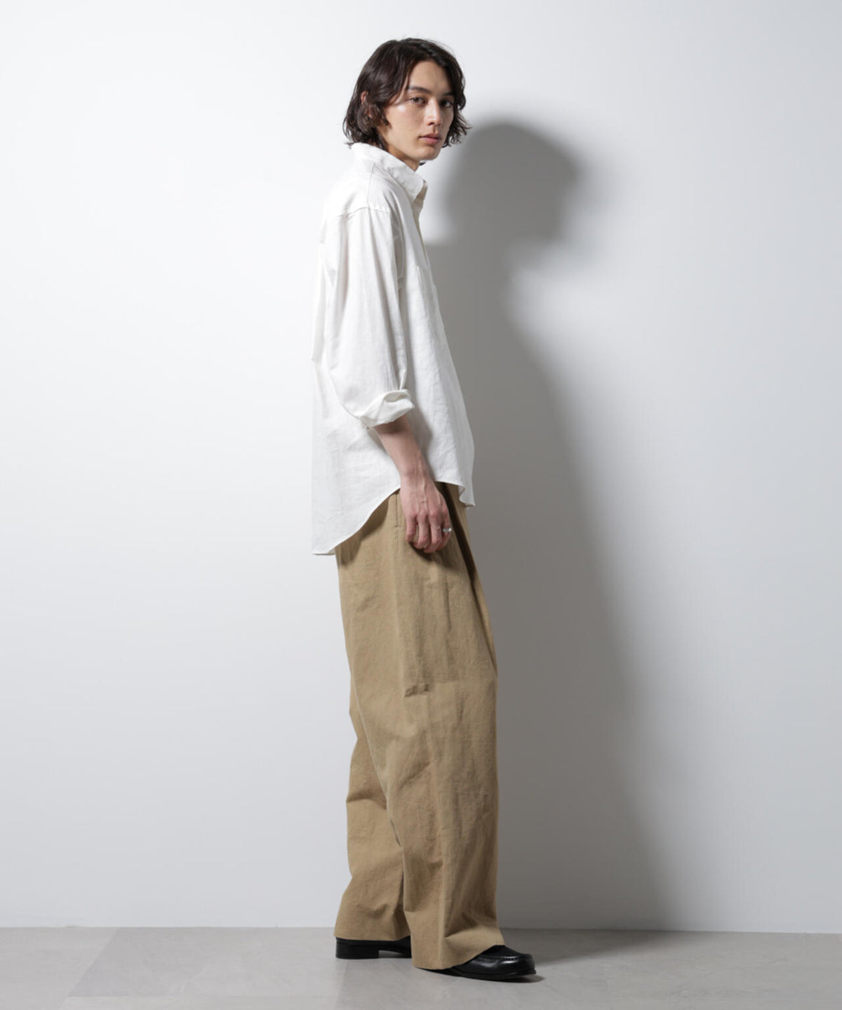 「BELGIUM LINEN FABRICS」リネンコットンスタンドカラーシャツ 6685120219