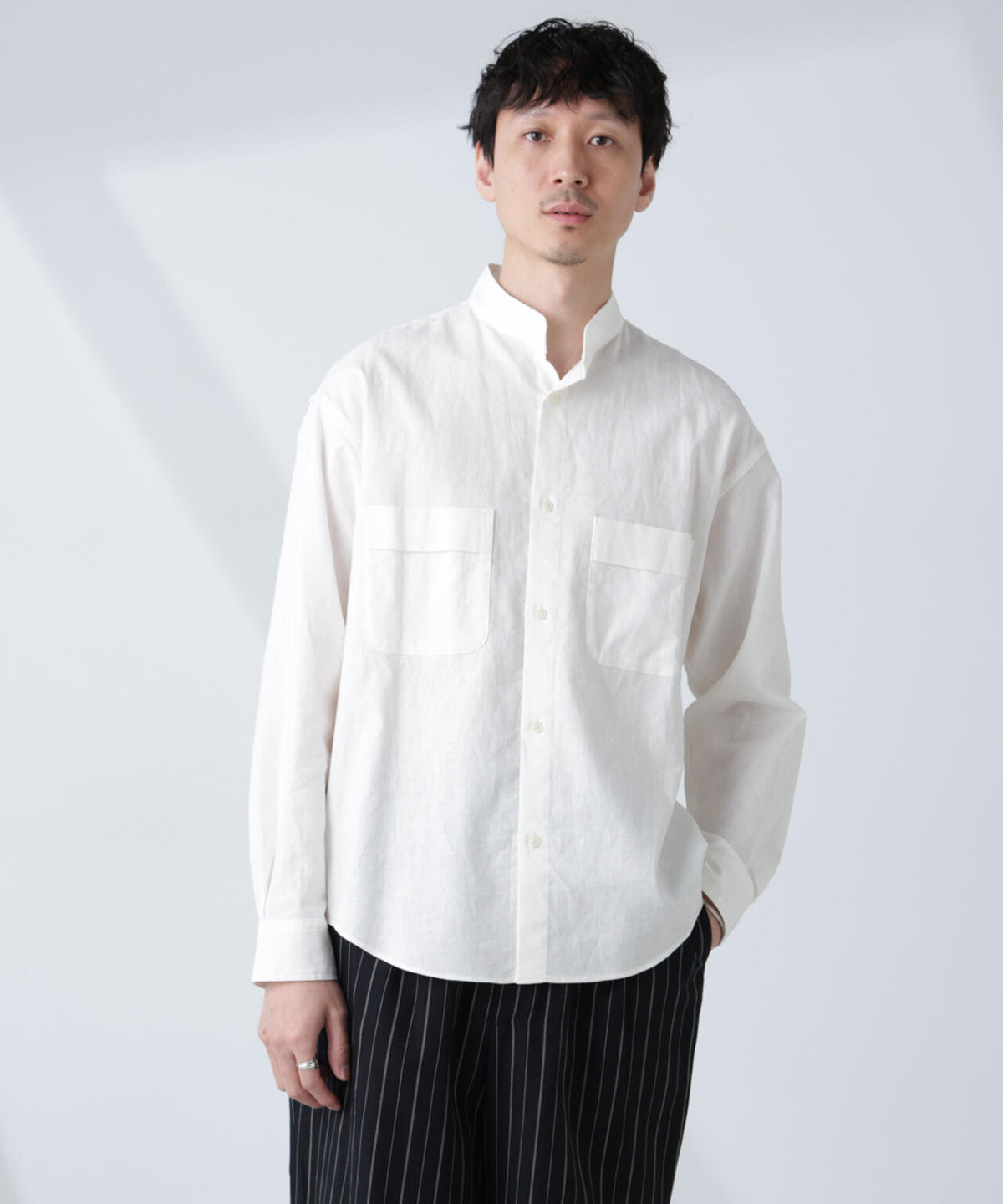 「BELGIUM LINEN FABRICS」リネンコットンスタンドカラーシャツ 6685120219