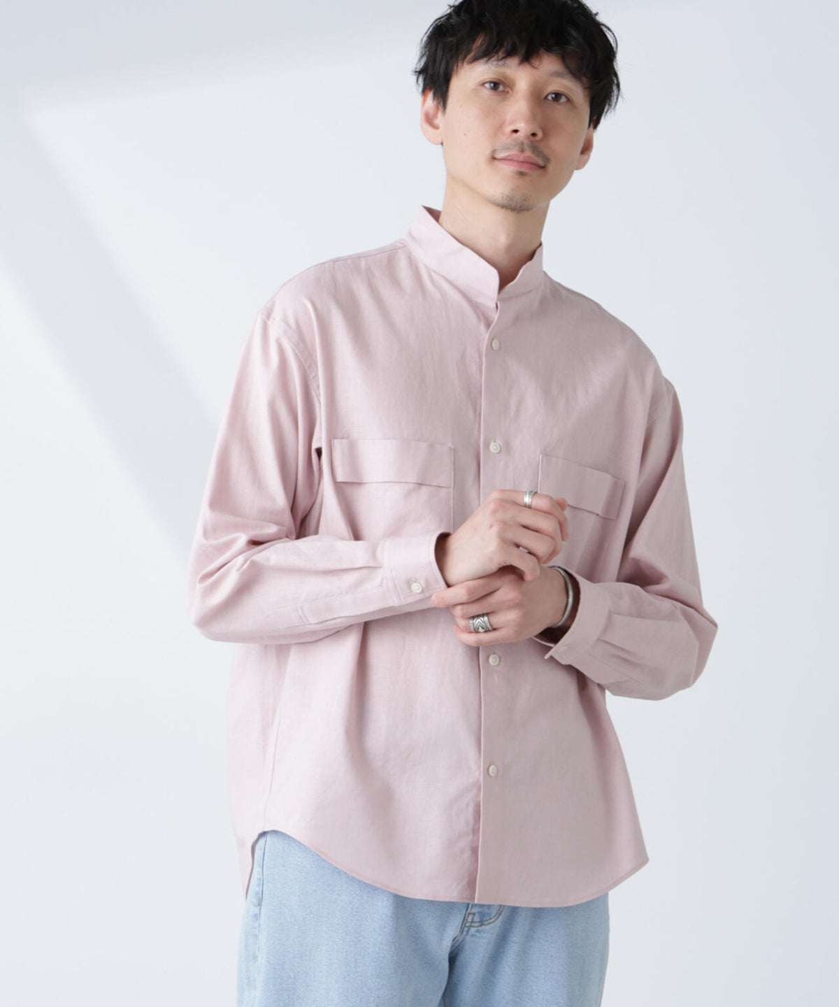 「BELGIUM LINEN FABRICS」リネンコットンスタンドカラーシャツ 6685120219