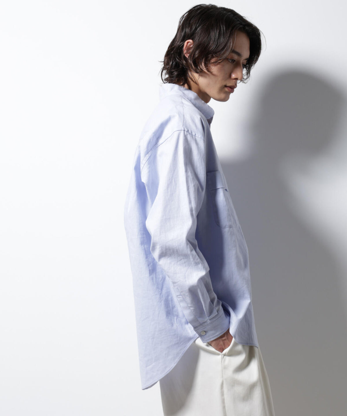 「BELGIUM LINEN FABRICS」リネンコットンスタンドカラーシャツ 6685120219