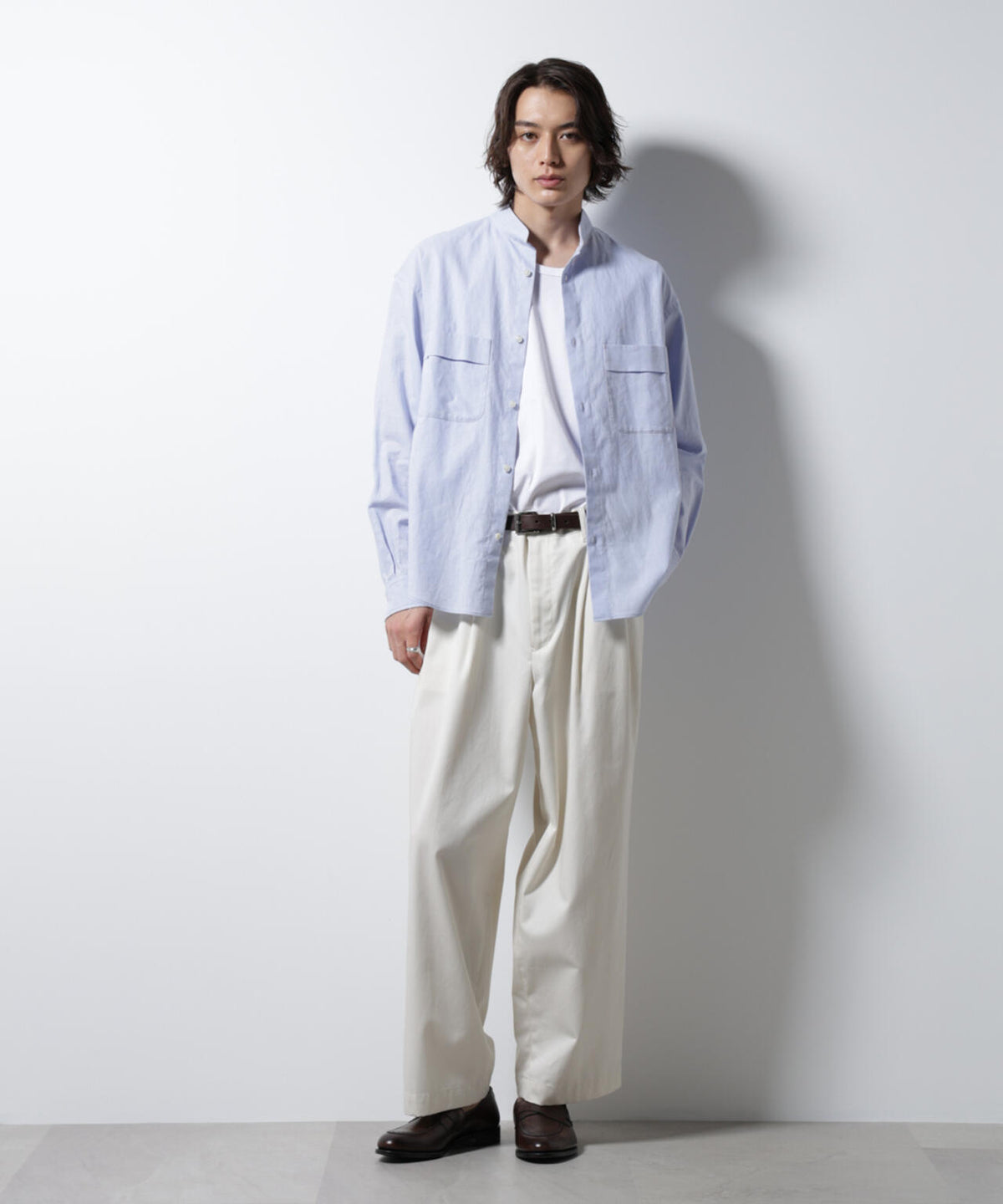 「BELGIUM LINEN FABRICS」リネンコットンスタンドカラーシャツ 6685120219