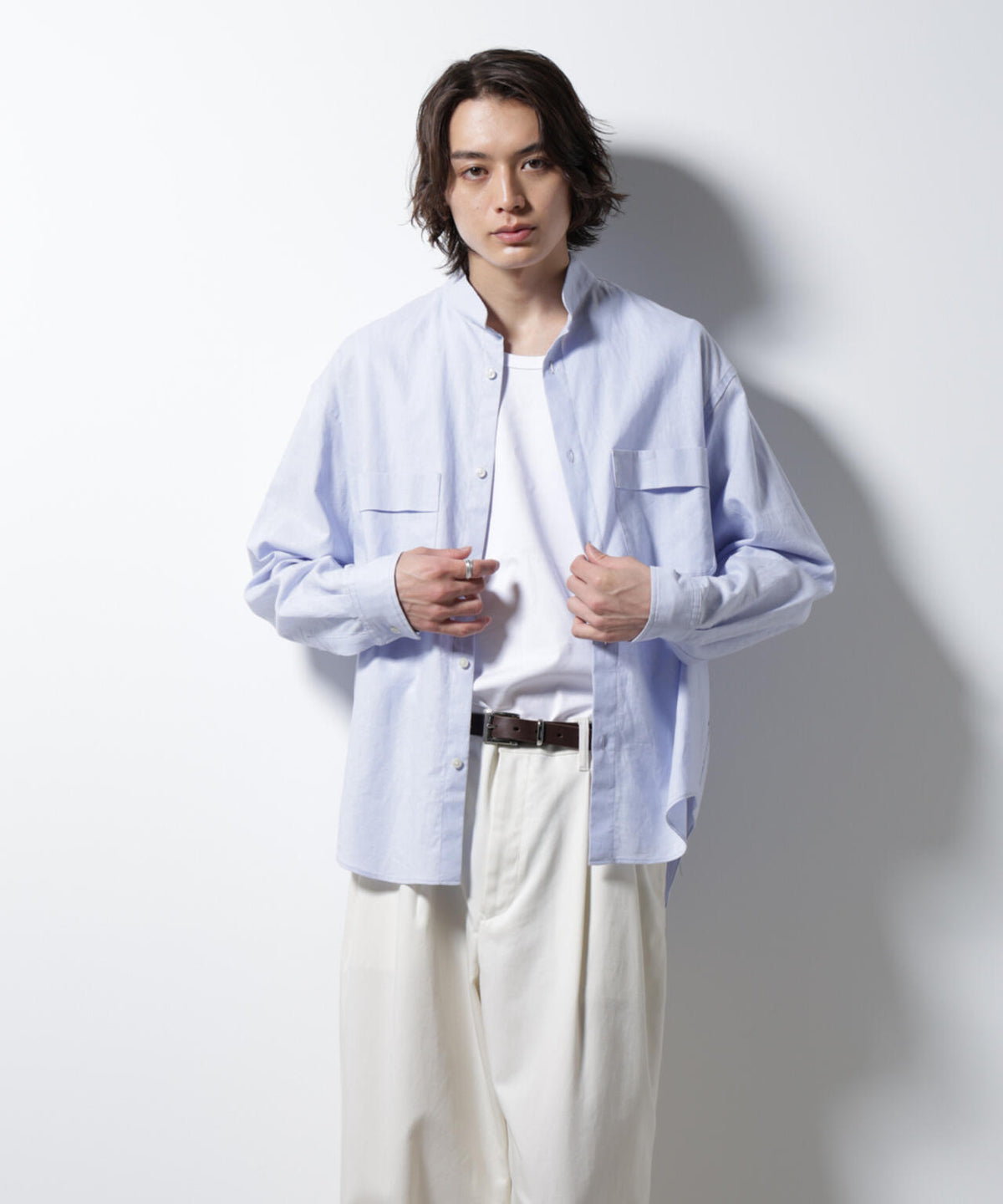 「BELGIUM LINEN FABRICS」リネンコットンスタンドカラーシャツ 6685120219