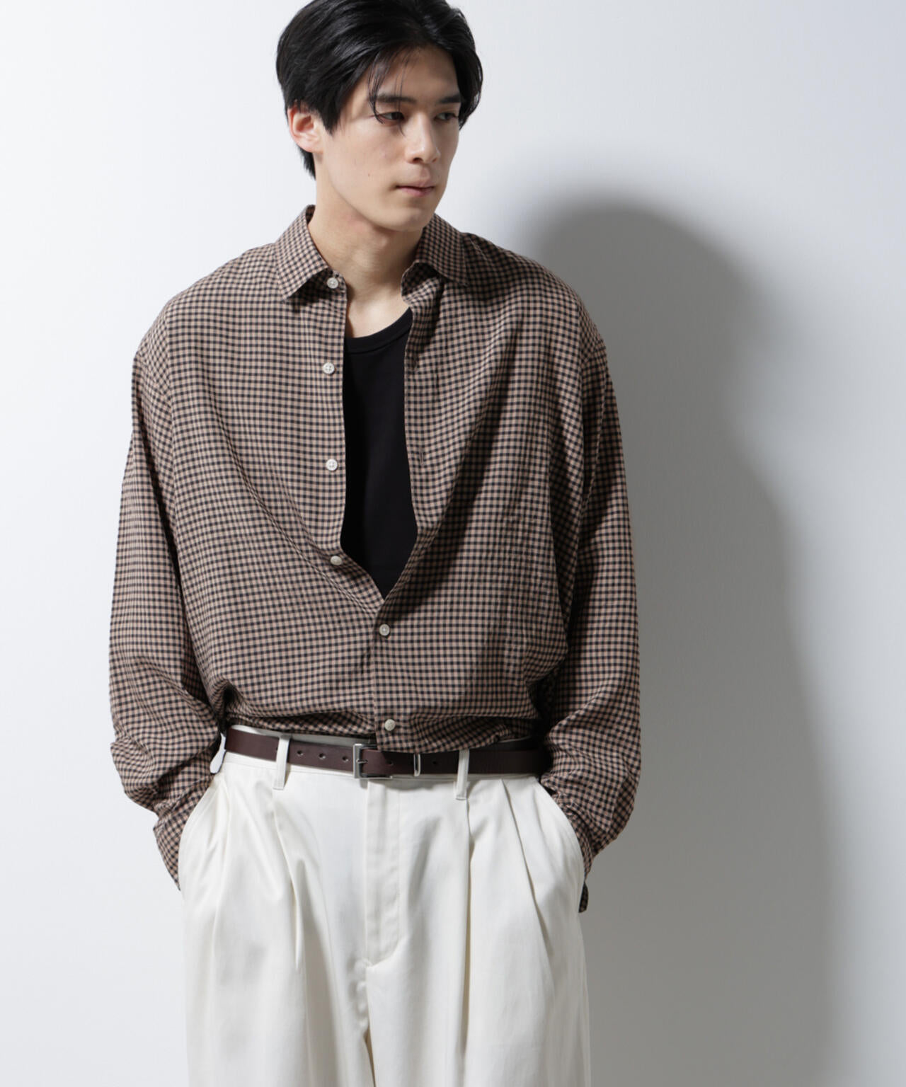 アセテートシアーギンガムチェックレギュラーカラーシャツ 長袖 6685120224