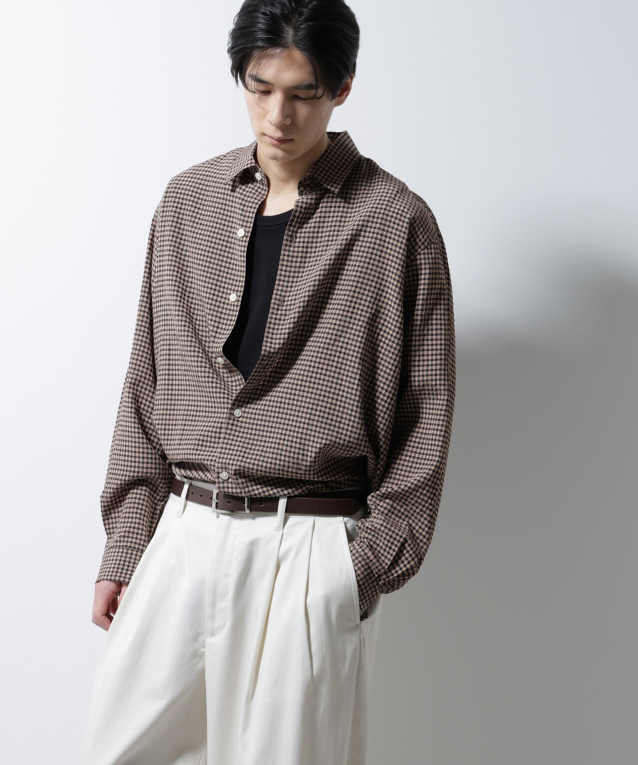 アセテートシアーギンガムチェックレギュラーカラーシャツ 長袖 6685120224