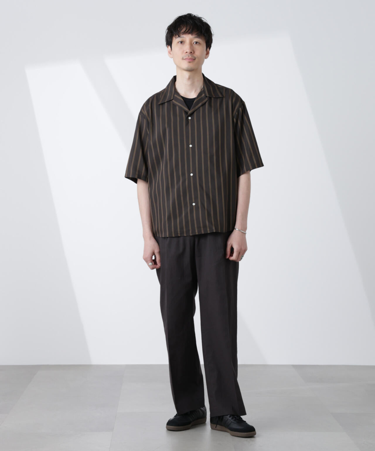 「大人のワイドシャツ」ストライプオープンカラー半袖シャツ 6685121214