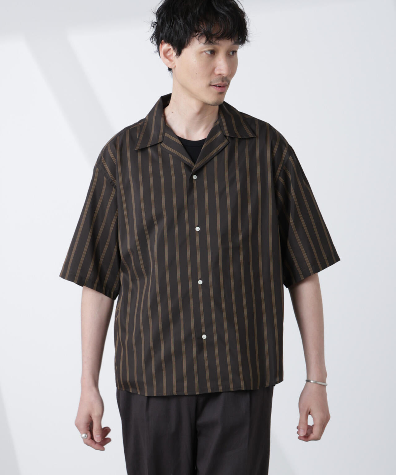 「大人のワイドシャツ」ストライプオープンカラー半袖シャツ 6685121214